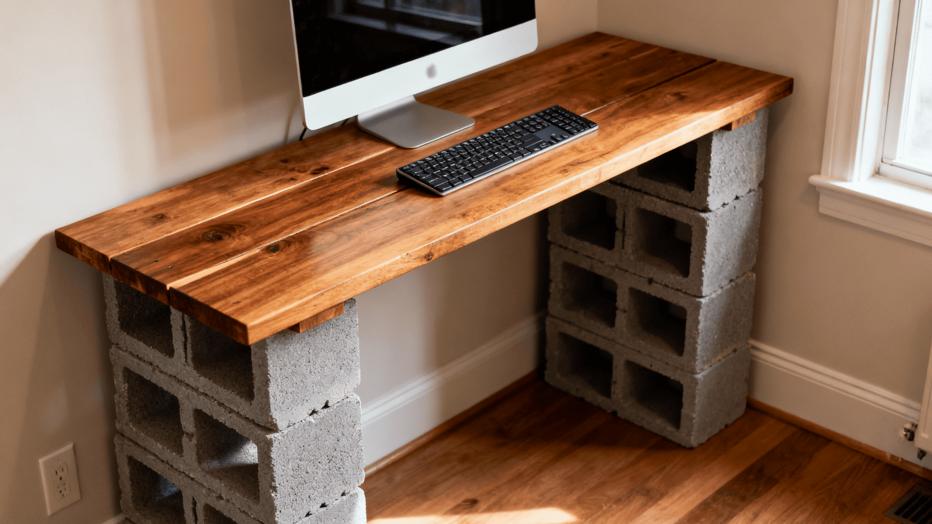 cinder block and wood plank desk