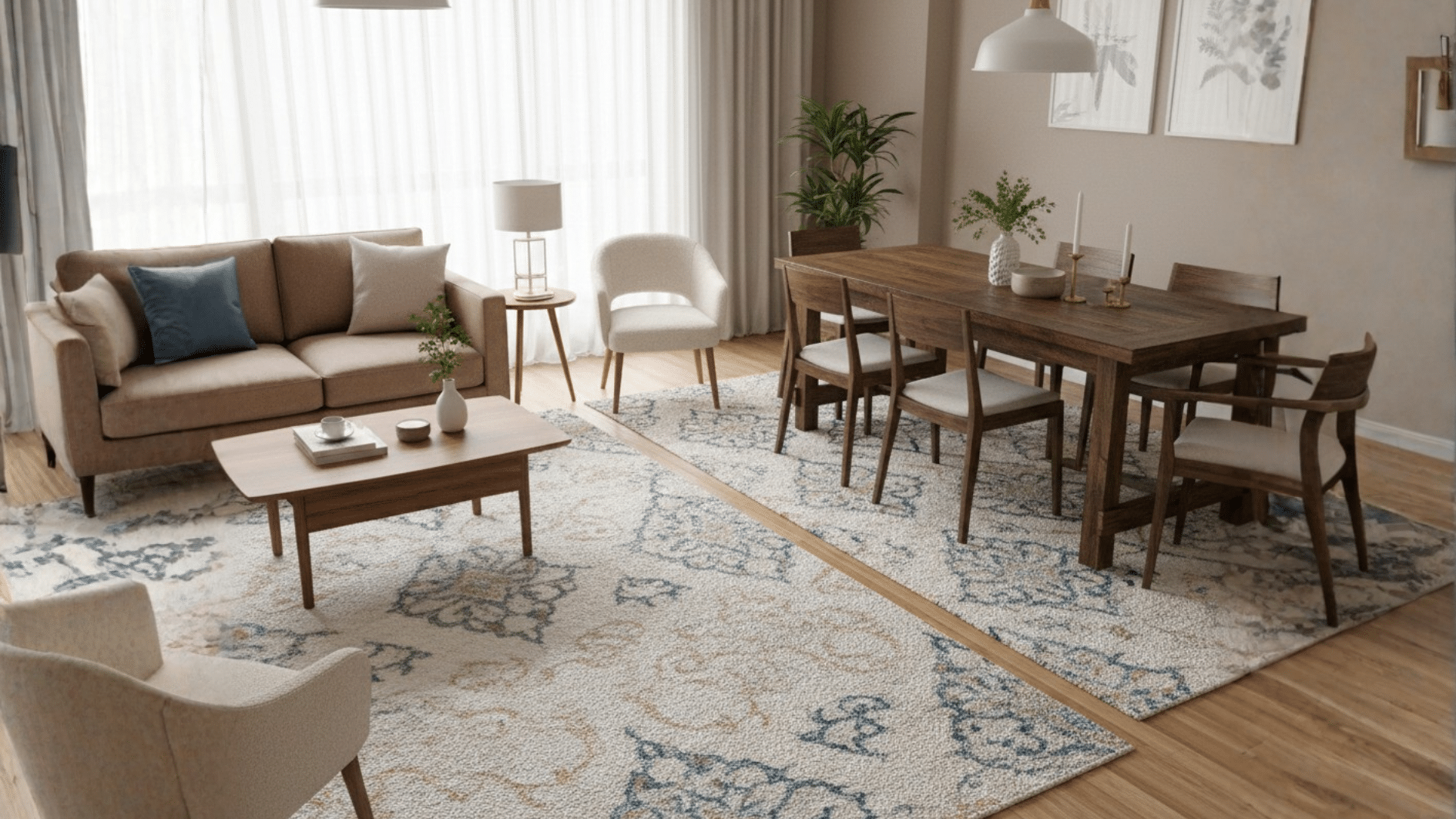 combine living dining with a shared rug palette