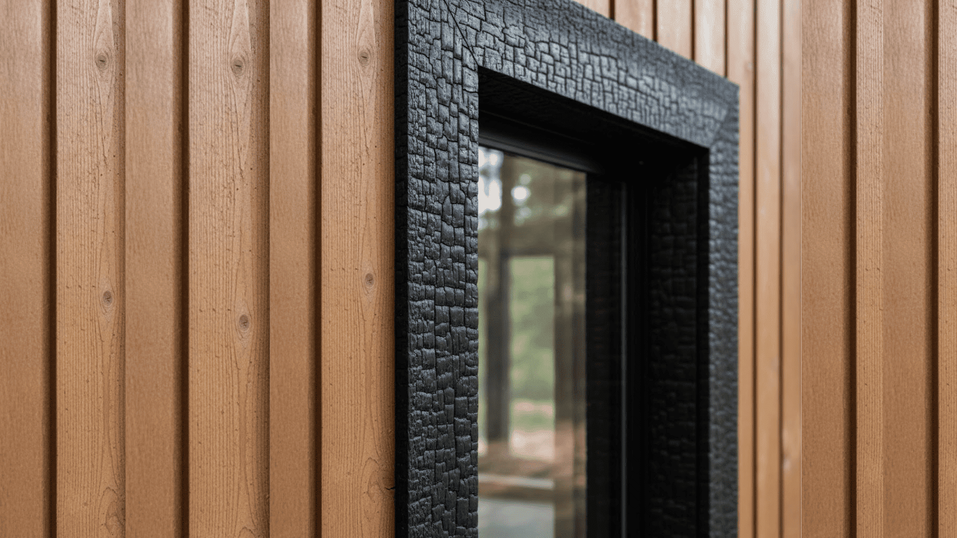 Charred wood exterior window trim with black textured frame on natural vertical wood siding