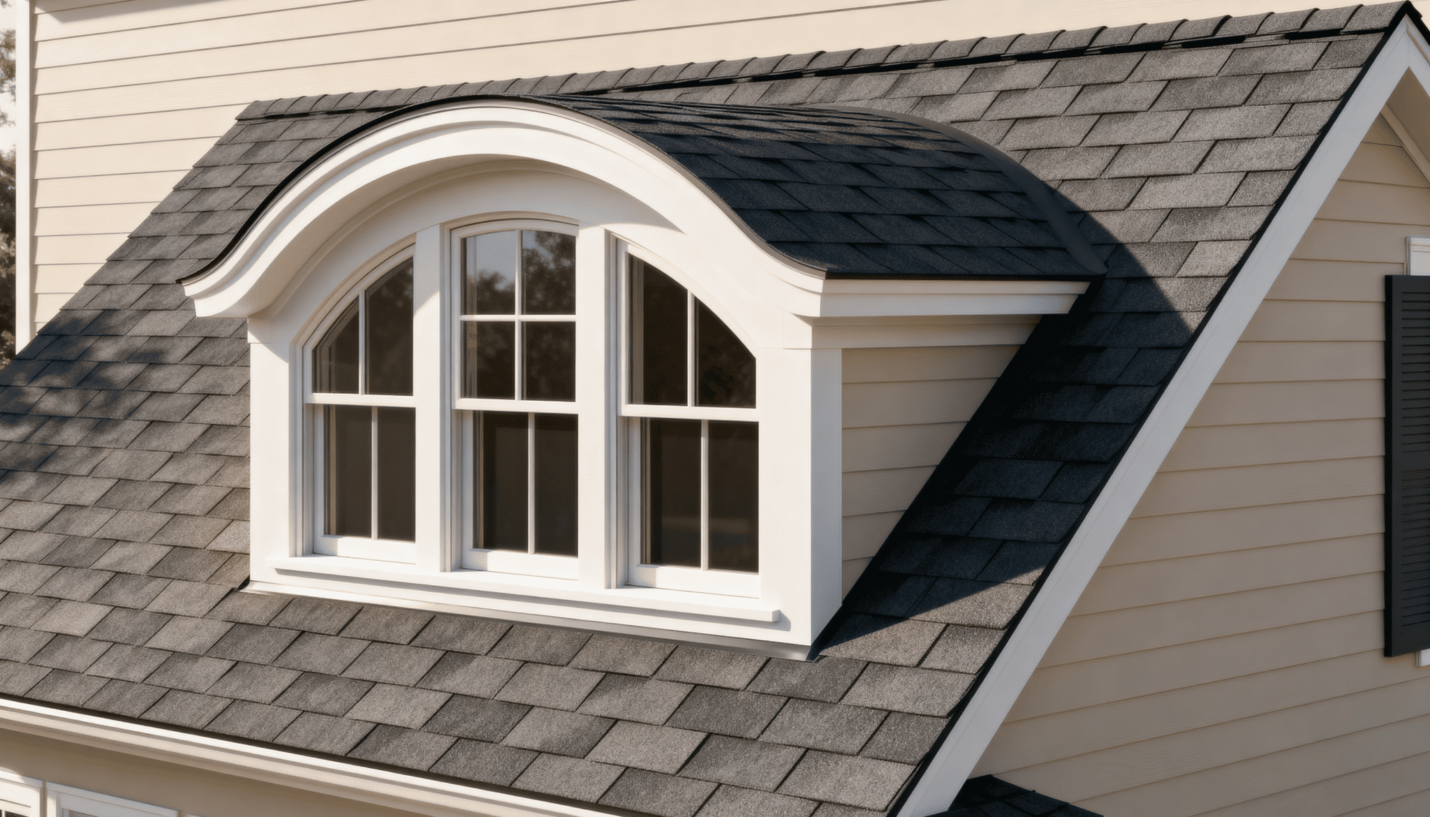 Eyebrow dormer window with curved roof on a shingled residential home roof