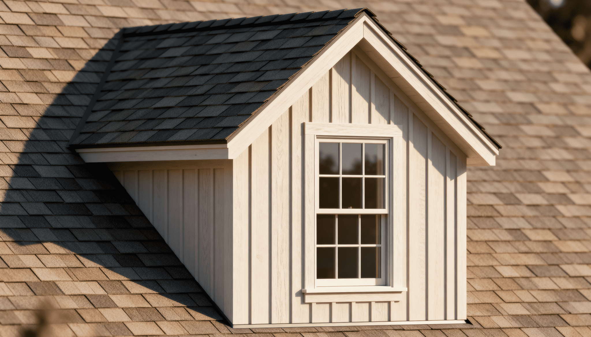Gable dormer window with shingle roof projecting from a sloped residential rooftop