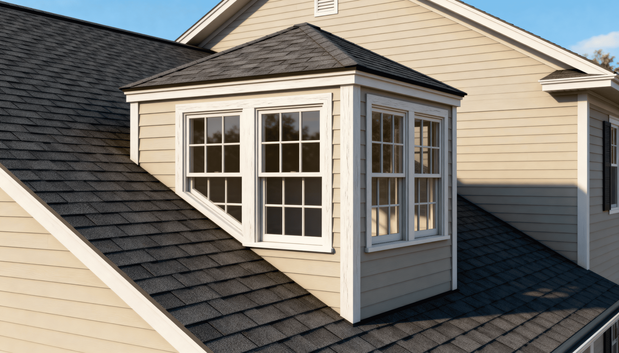 Dormer bay window with hipped roof extending from a residential shingle roof