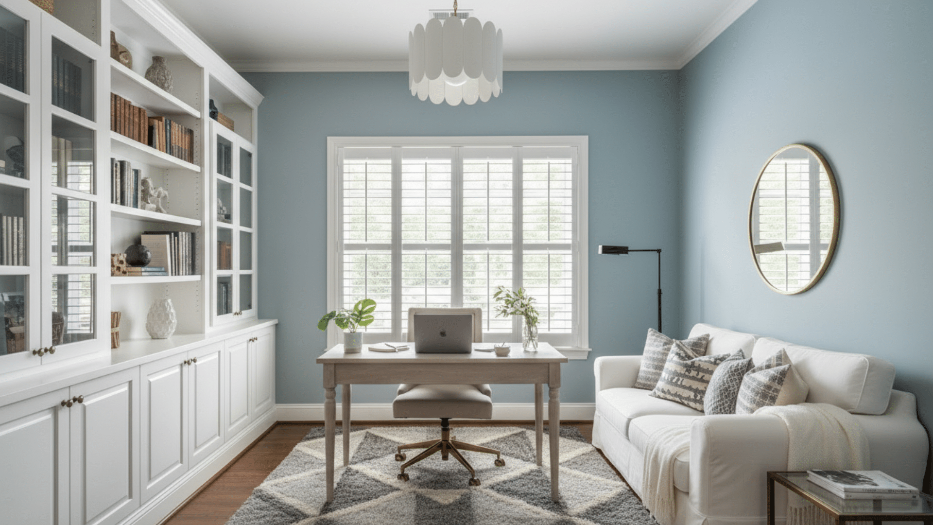 home office in benjamin moore santorini blue