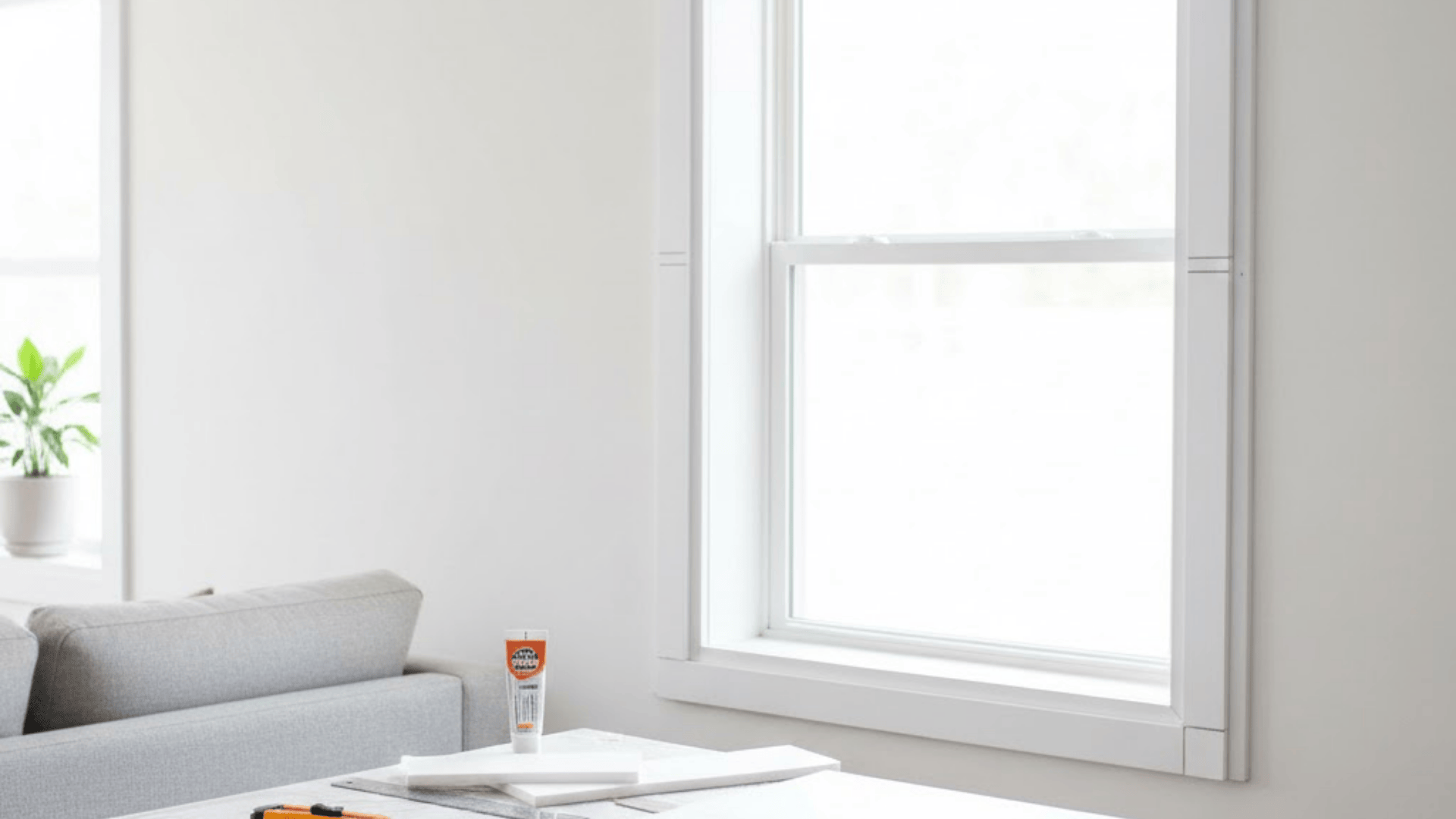 DIY flat window trim with clean white finish in bright minimalist living room interior