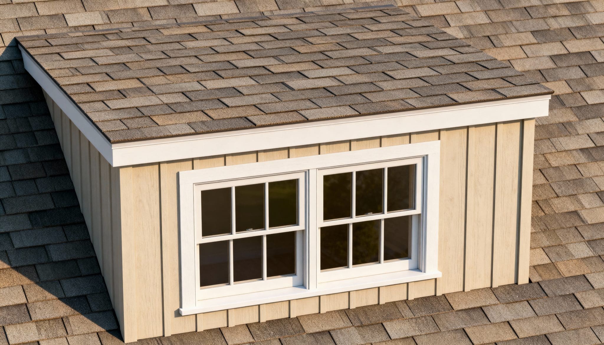 Inset dormer with flush double windows built into a low-profile shingled roof