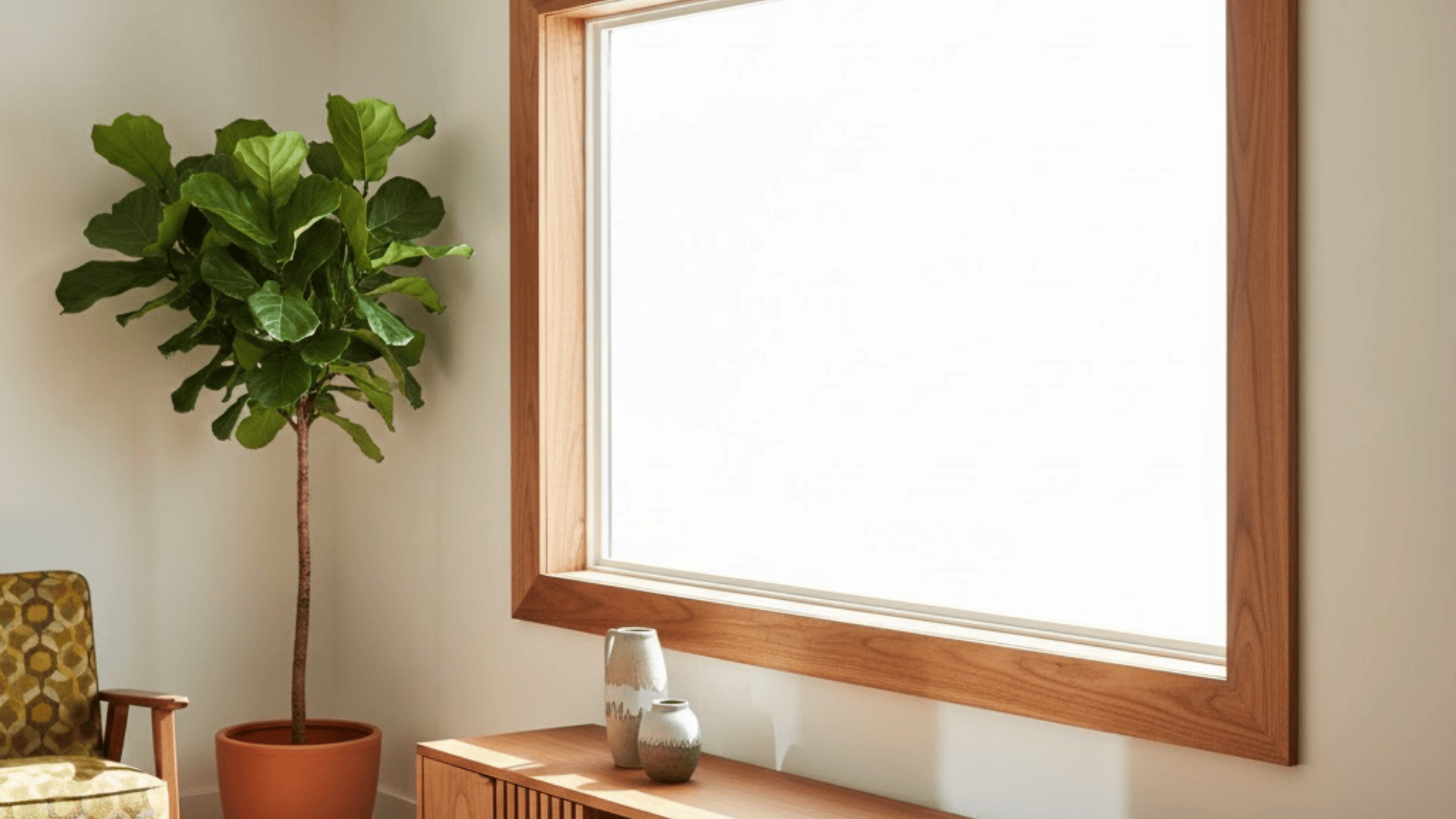 Mid century modern wood window trim with warm teak frame and indoor plant beside window