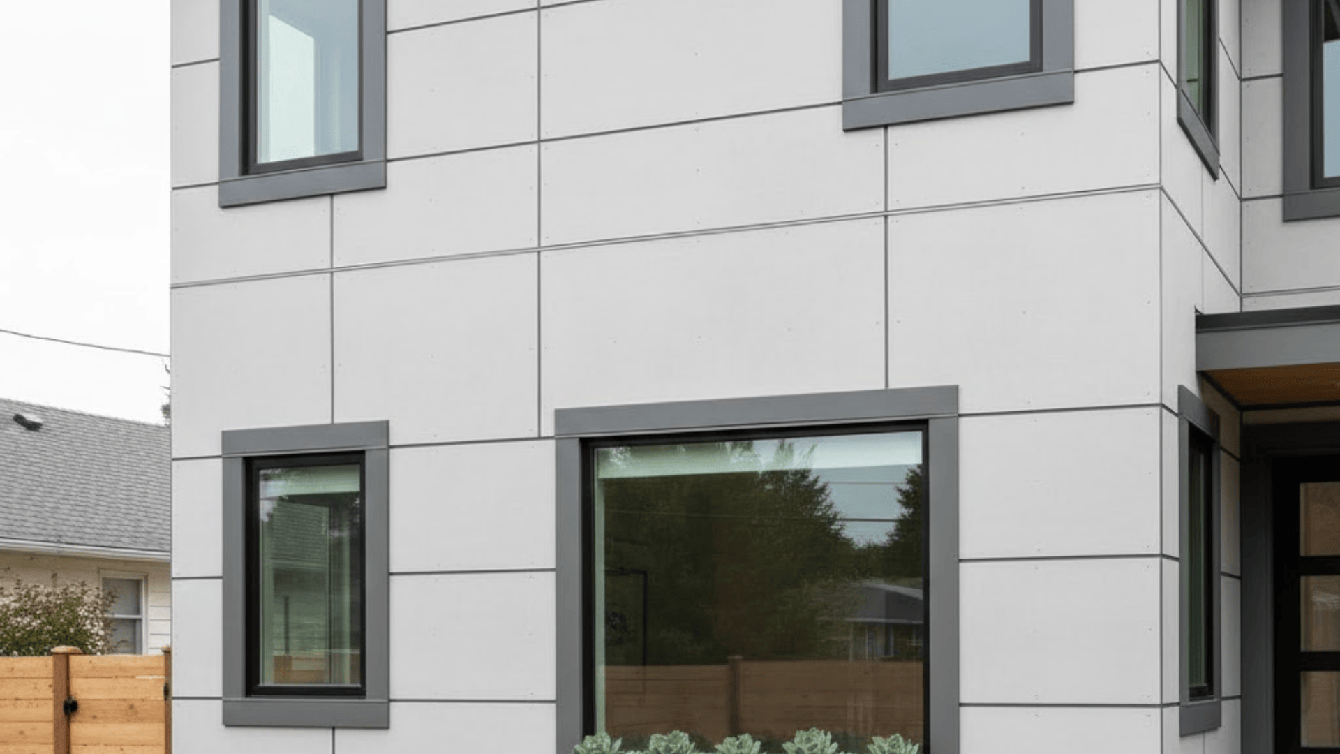 Modern exterior windows with gray fiber cement trim on sleek contemporary white house facade
