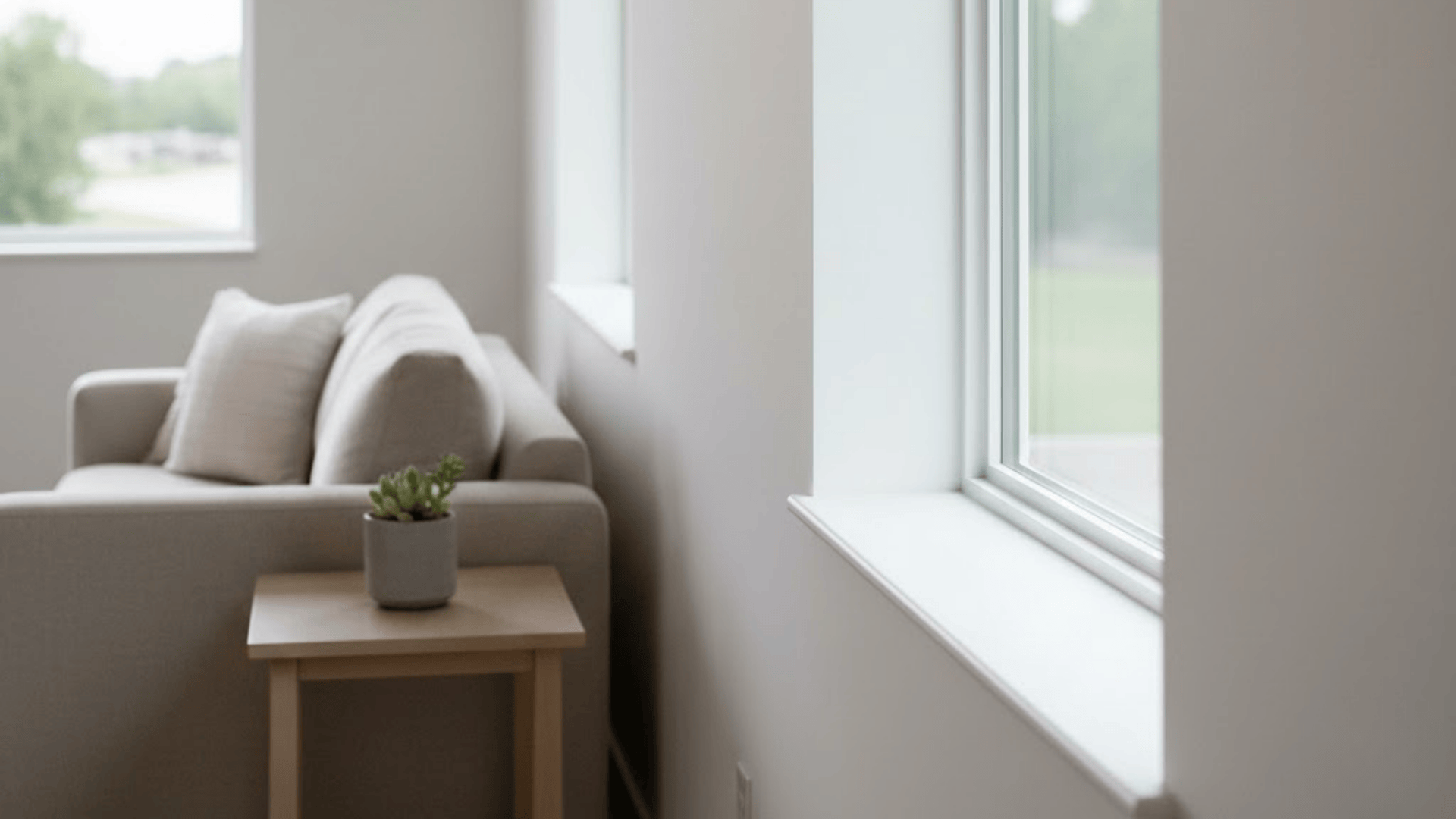 DIY painted drywall return window with seamless trimless look in soft minimalist living room