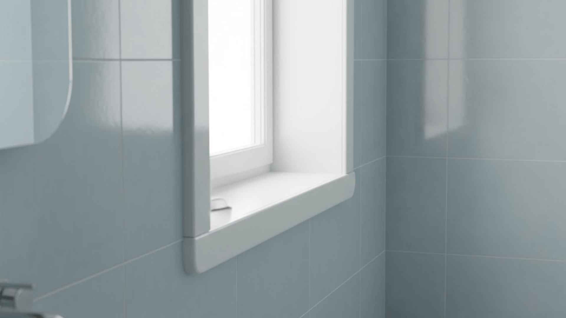 Rounded white polymer window trim in modern bathroom with smooth blue tiled wall background