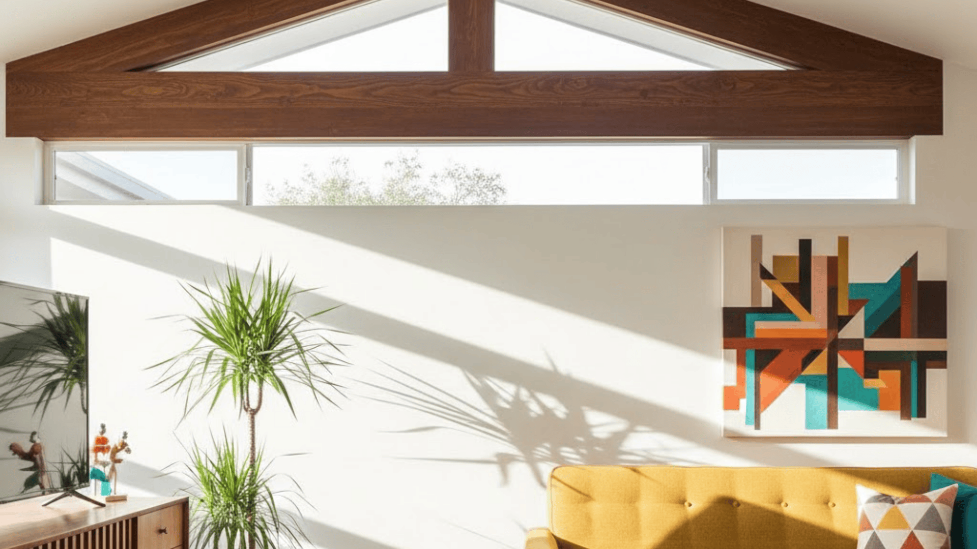 Geometric angled wood window header in bright mid century modern living room interior