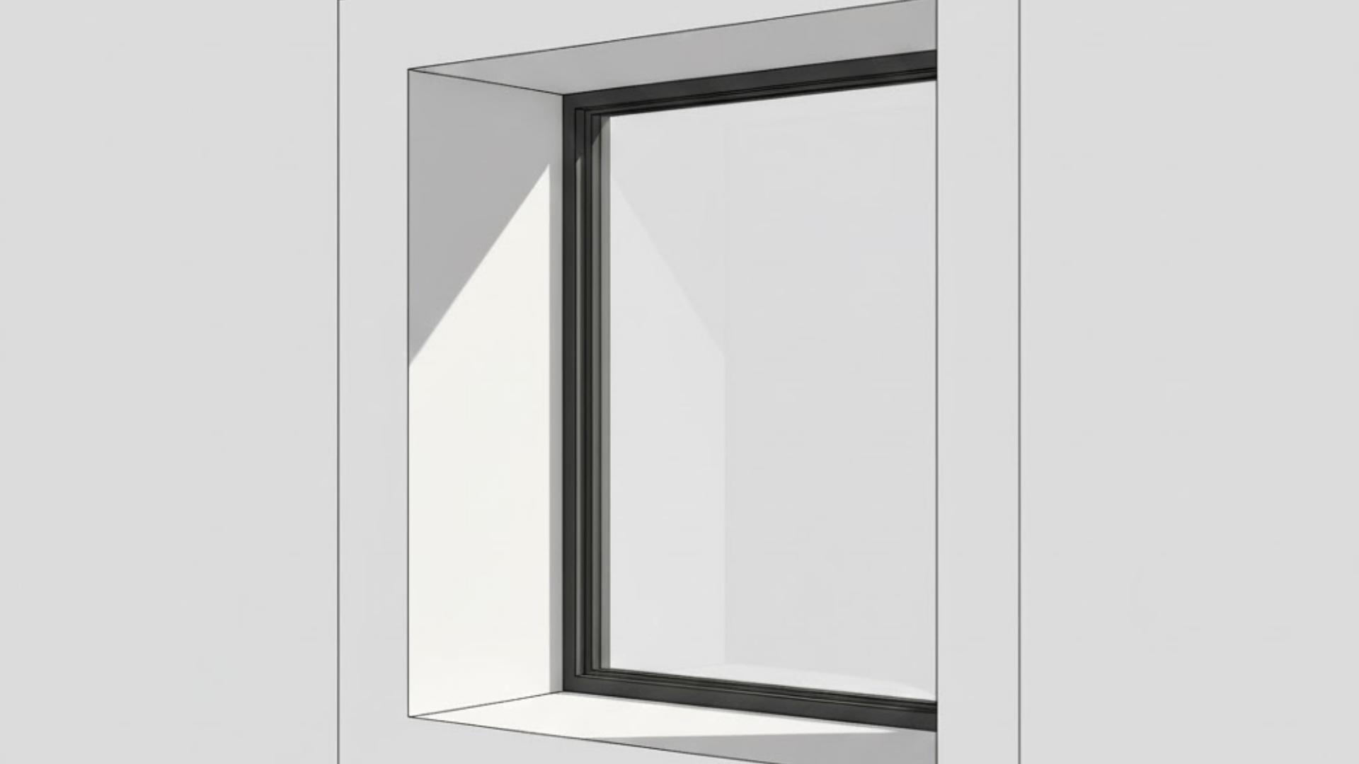 Ttrimless window detail with recessed drywall return and slim black interior window frame