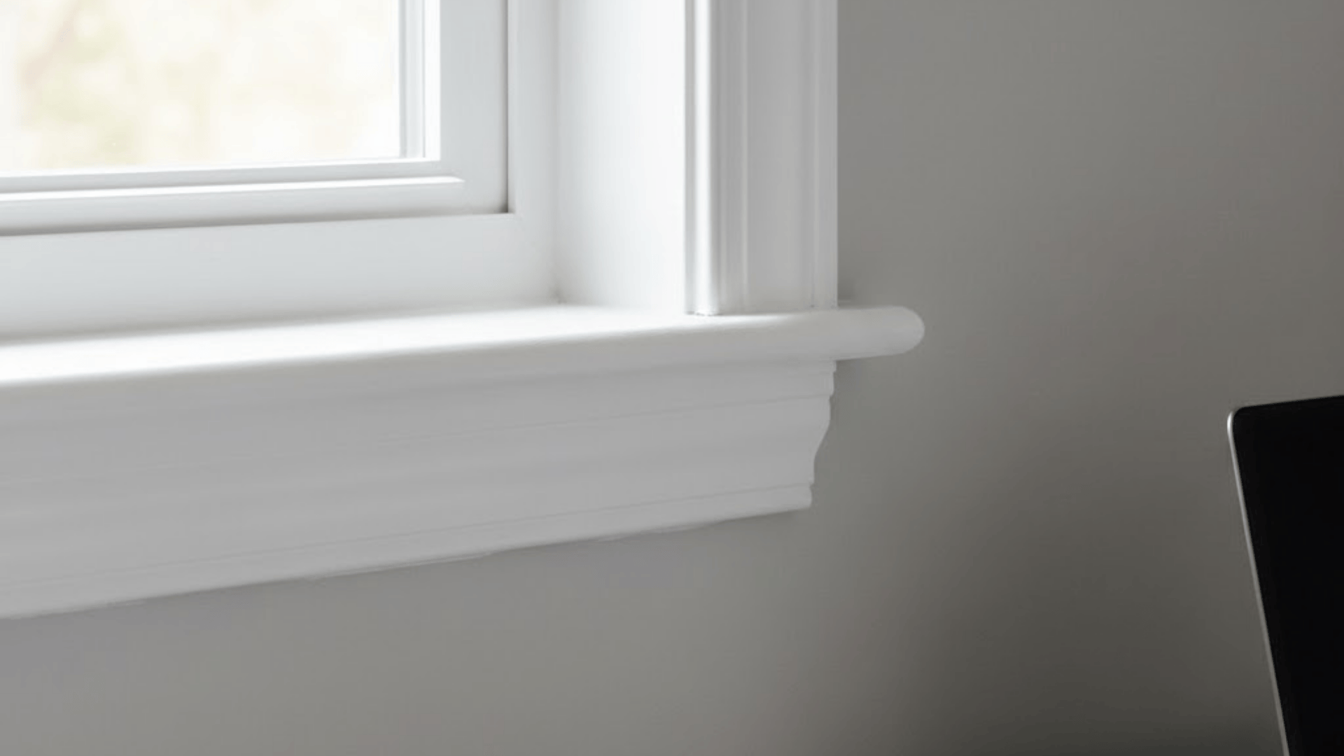 Smooth white MDF window casing with rounded edge detail in clean modern interior setting