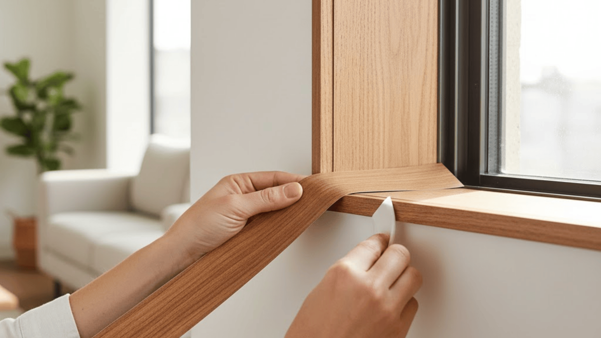 Applying peel and stick wood veneer trim around modern window frame in bright interior space