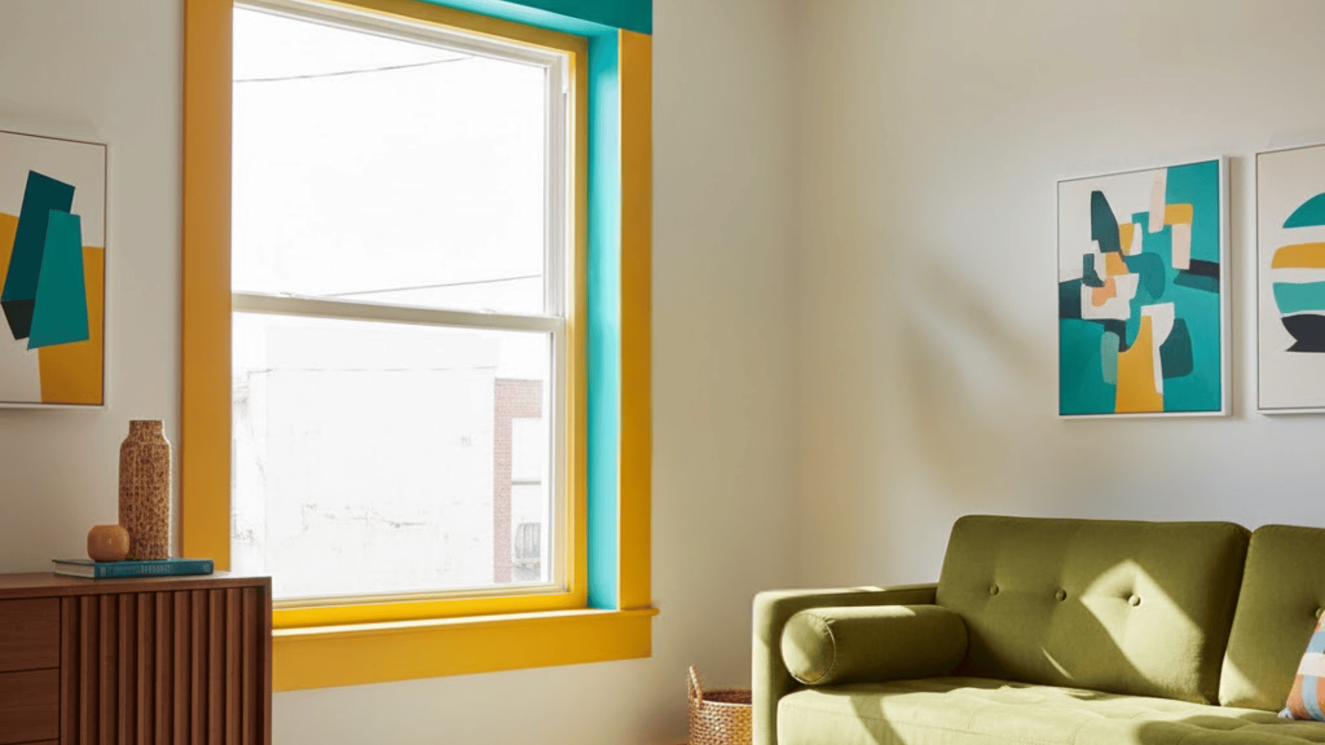 Bright color pop window trim with yellow and teal accents in stylish mid century living room