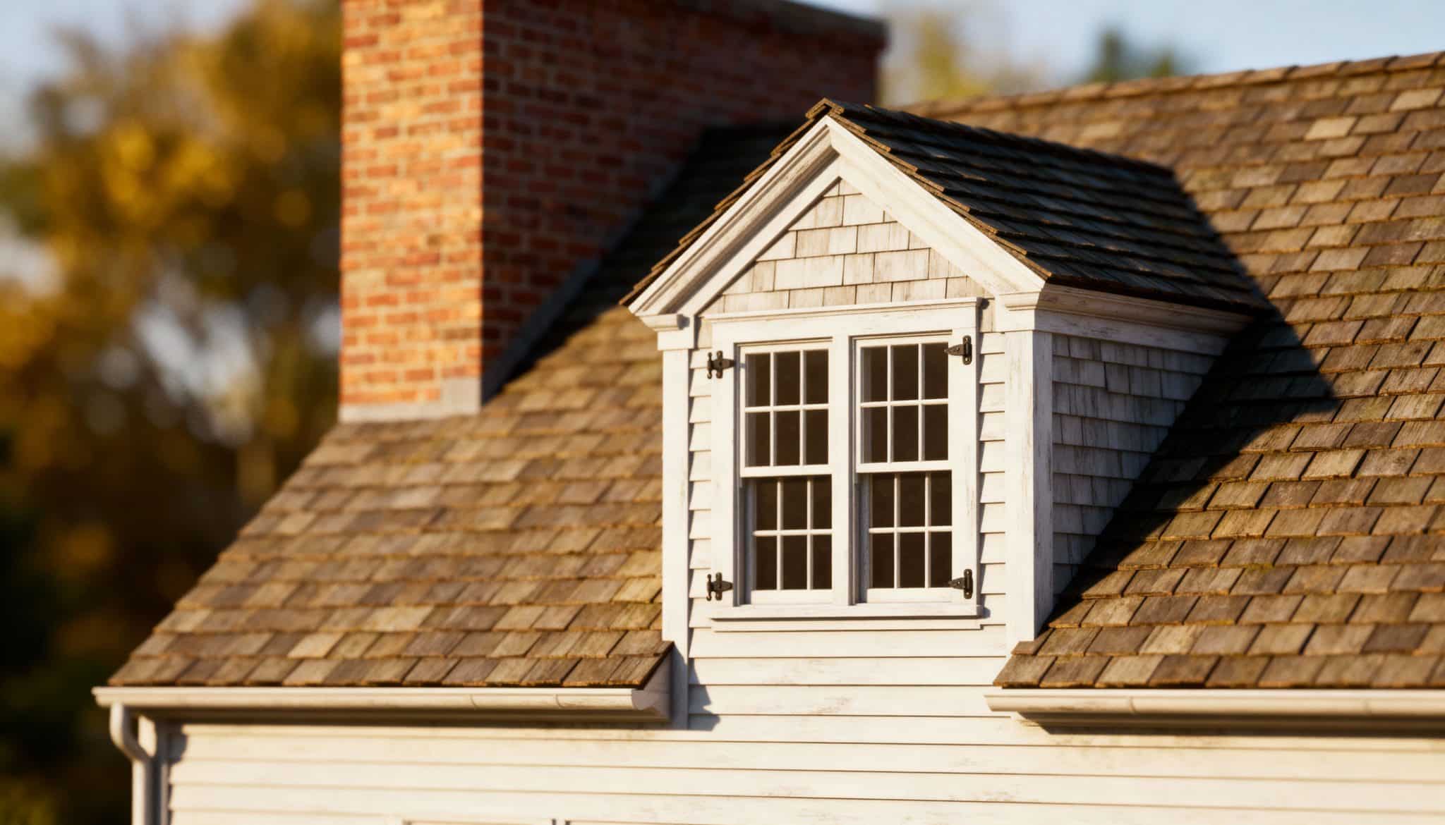 Gable dormer with double windows and cedar shingles on a residential roof