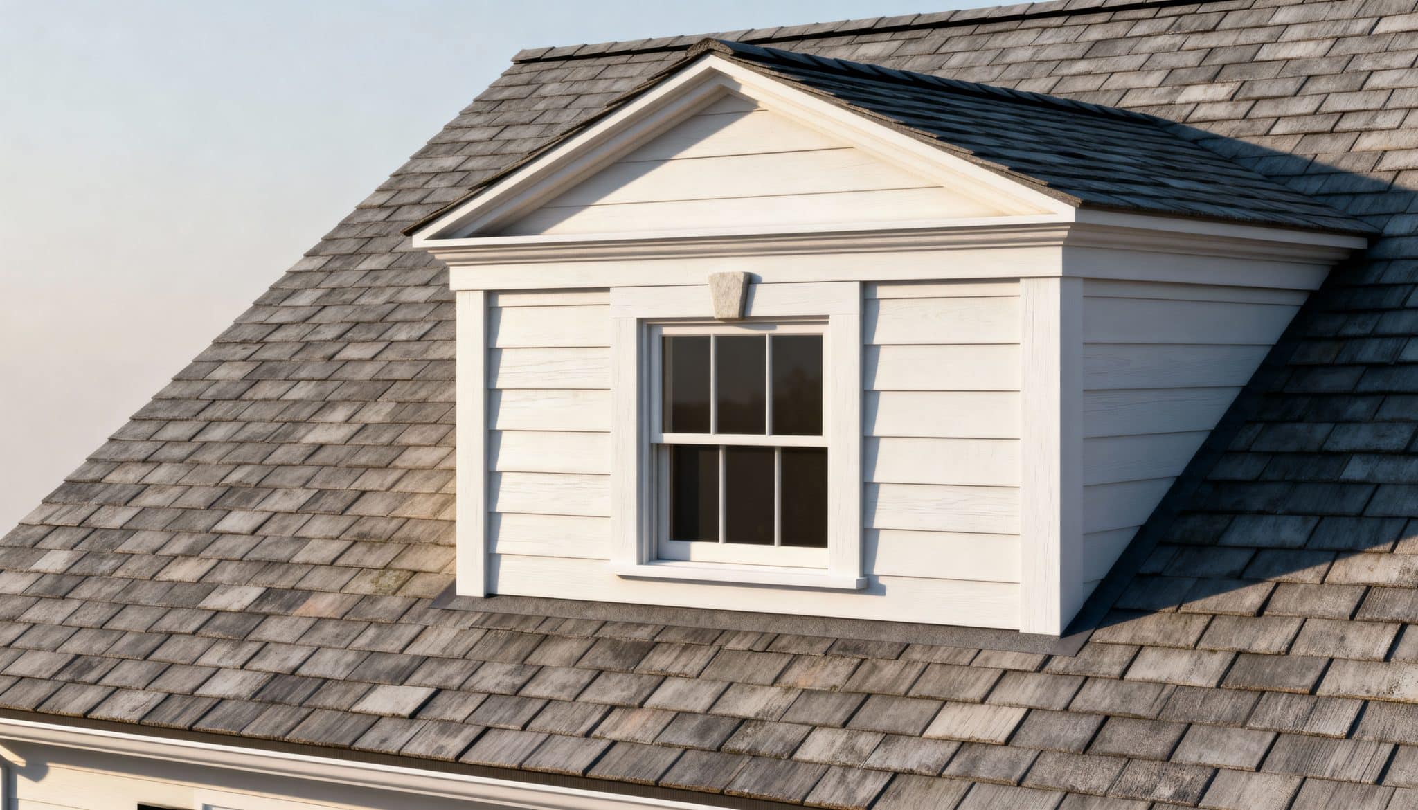 Pedimented dormer window with white siding on a cedar shingle residential roof