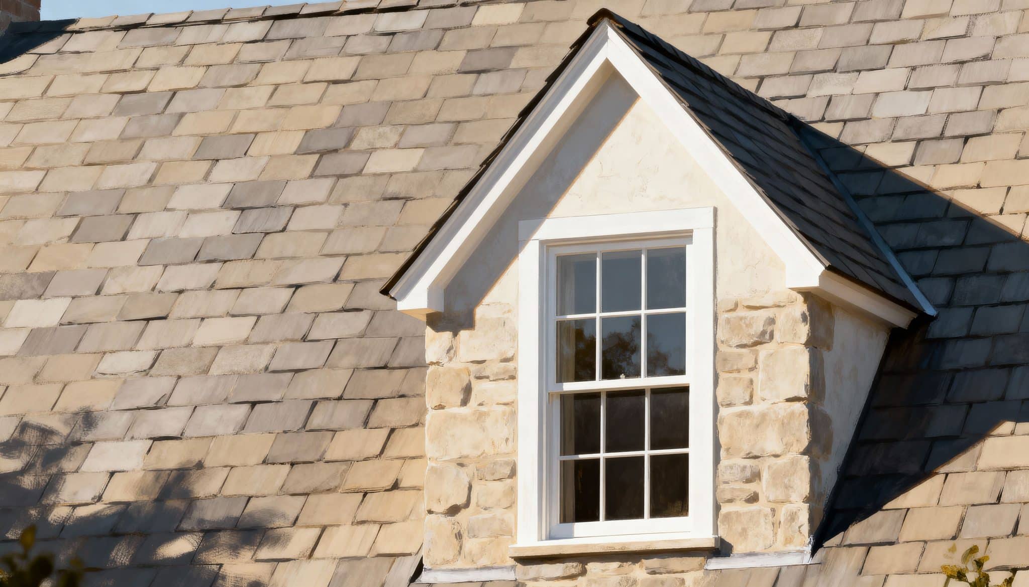 Pointed gable dormer window with stone siding on a steep shingled roof