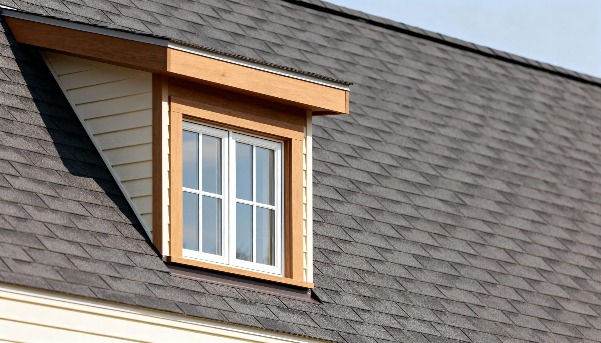 Recessed dormer window with wood trim built into a gray shingled residential roof
