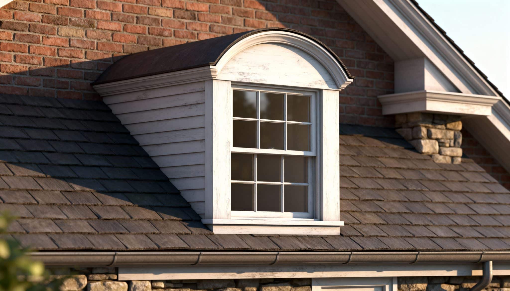 Segmental dormer window with curved roof on a shingled brick house rooftop
