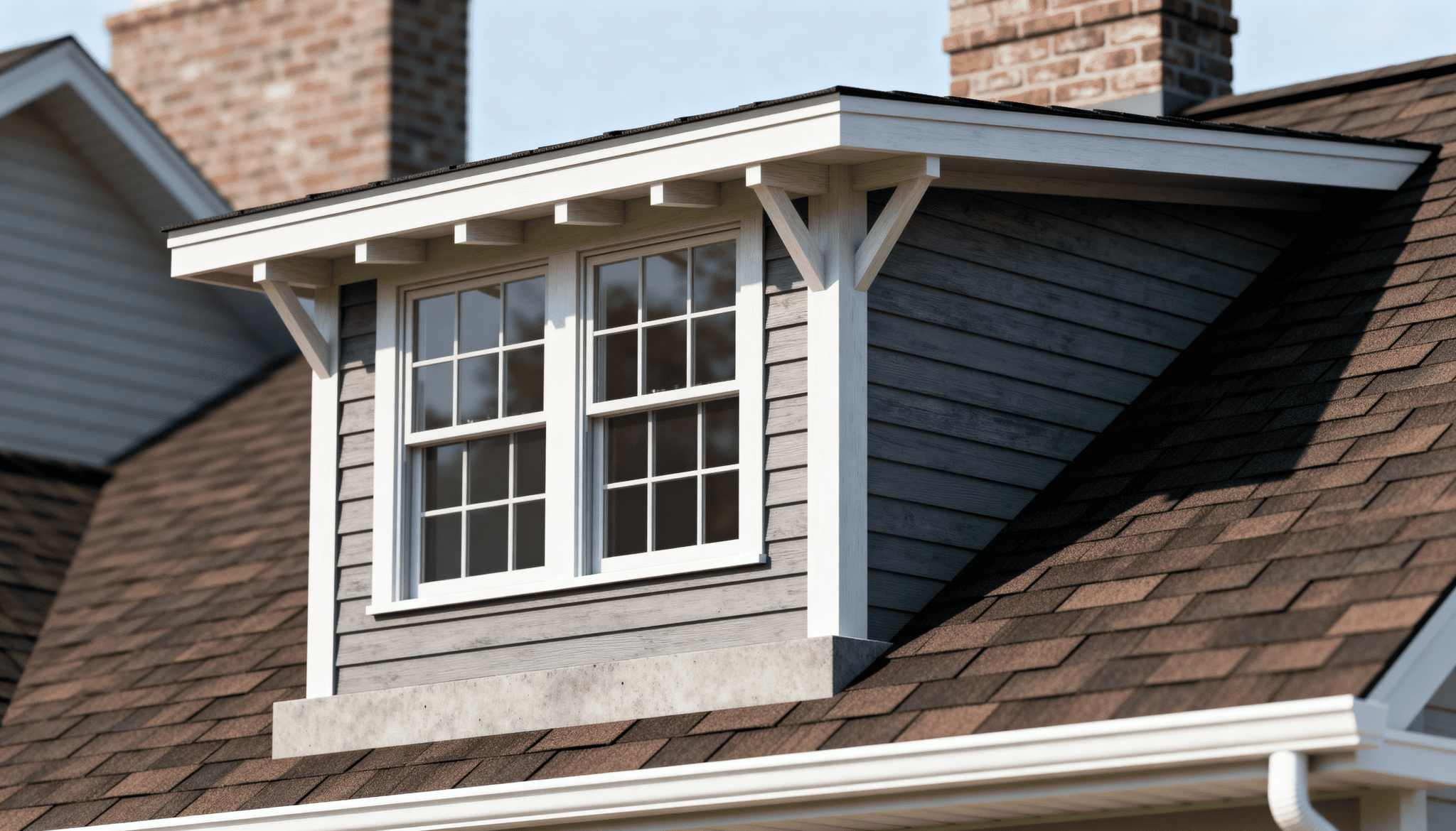 Flat roof dormer with double windows on a shingled residential rooftop