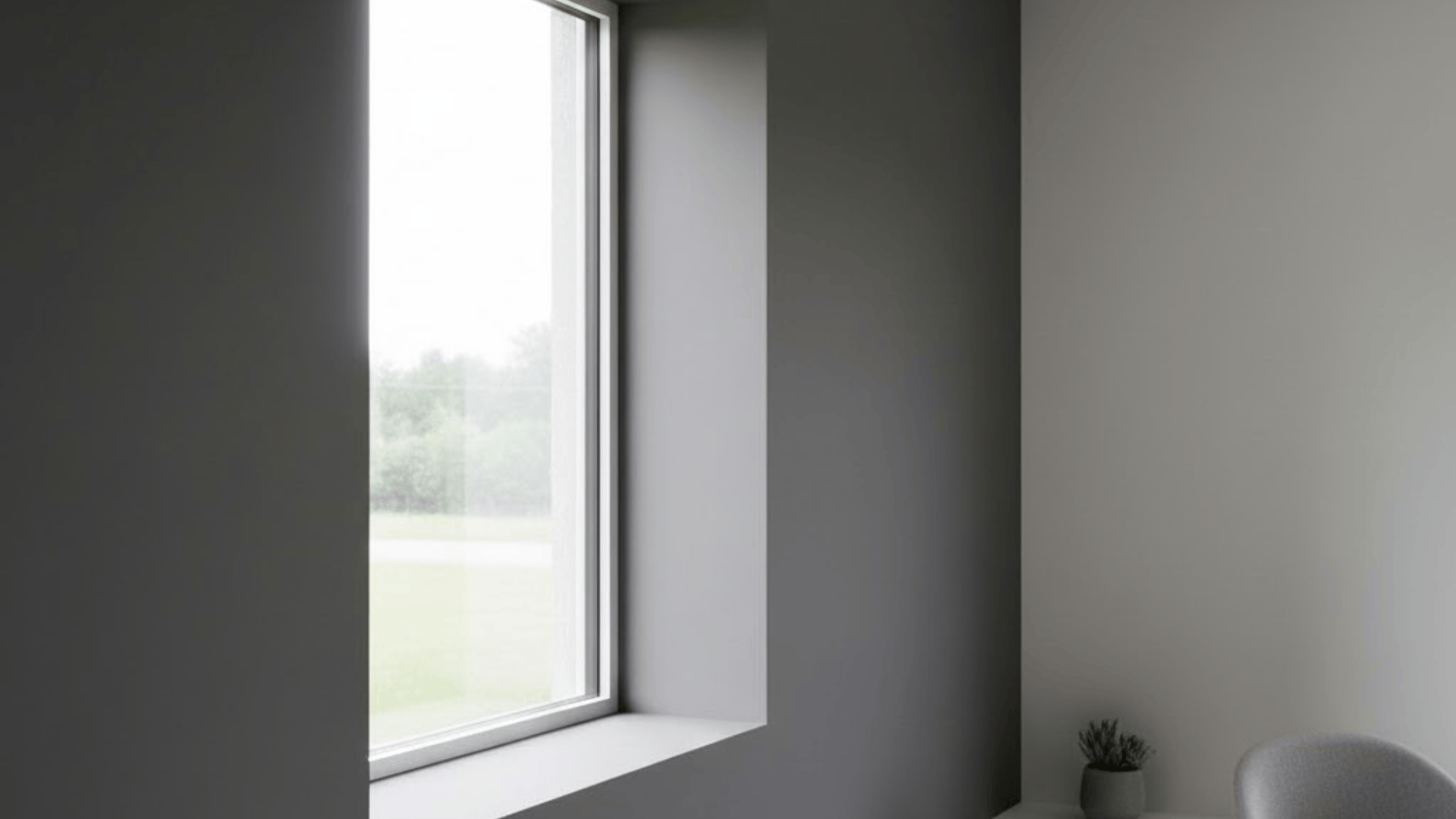 Minimalist trimless window design with smooth drywall return in modern gray interior space