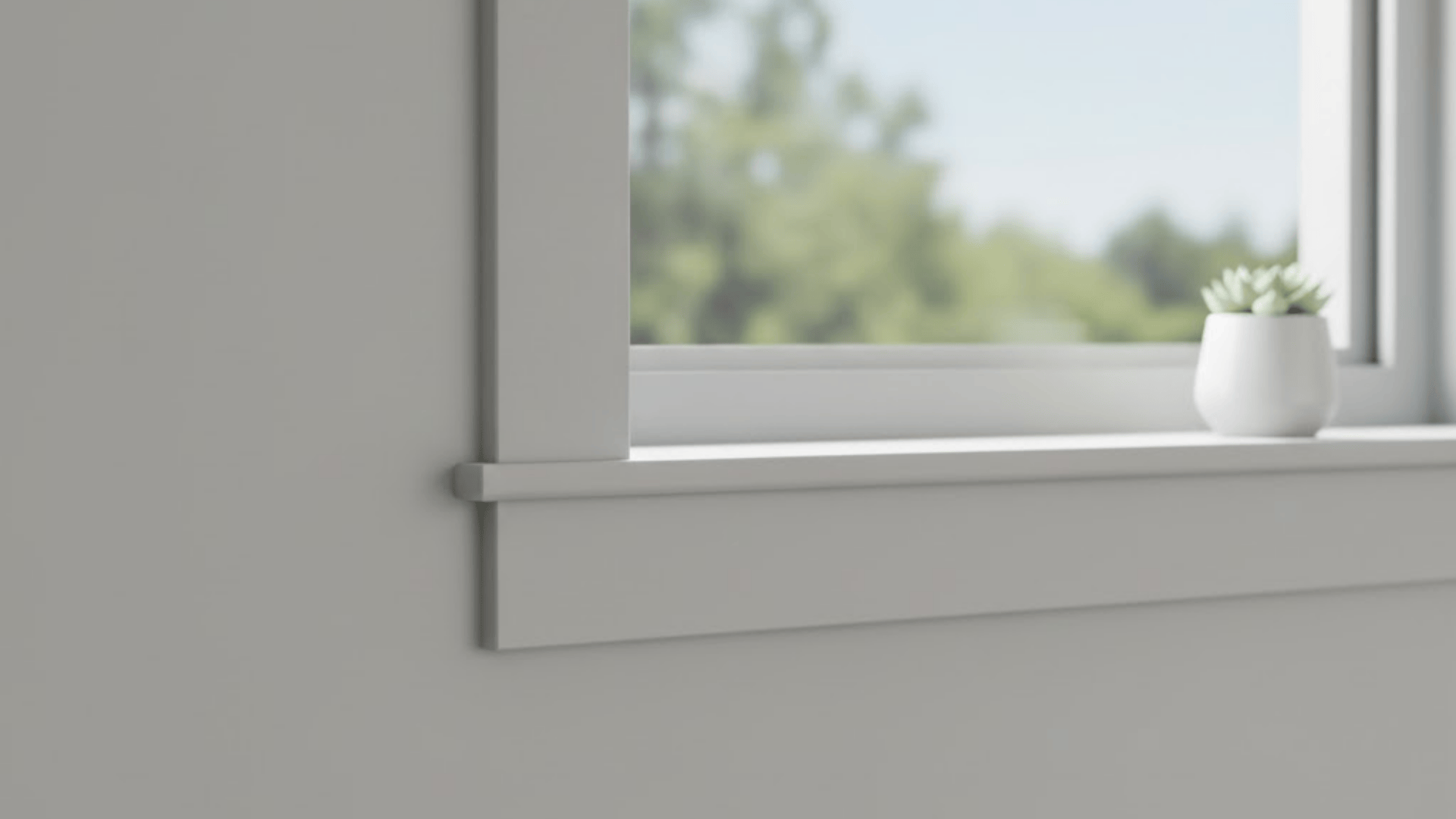White window trim painted in gray color with clean flat edges and small plant on minimalist window sill