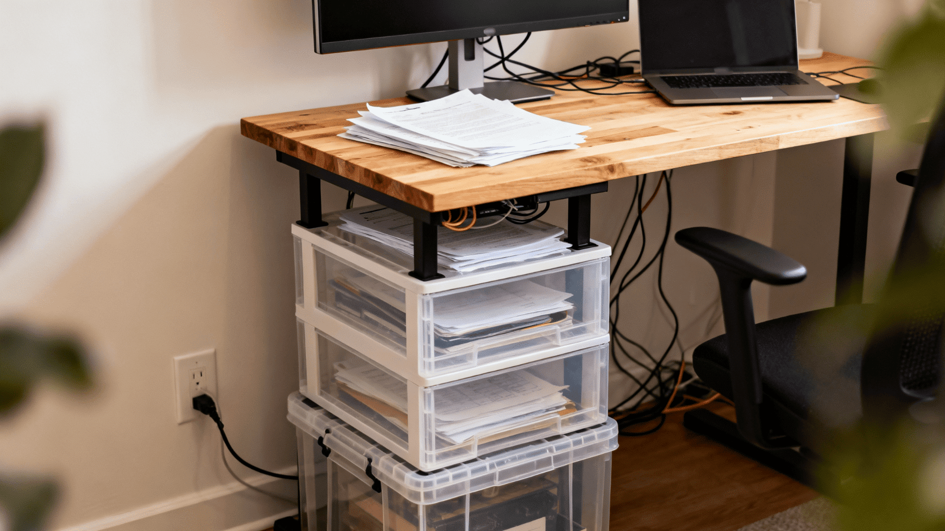 stacked storage bin desk