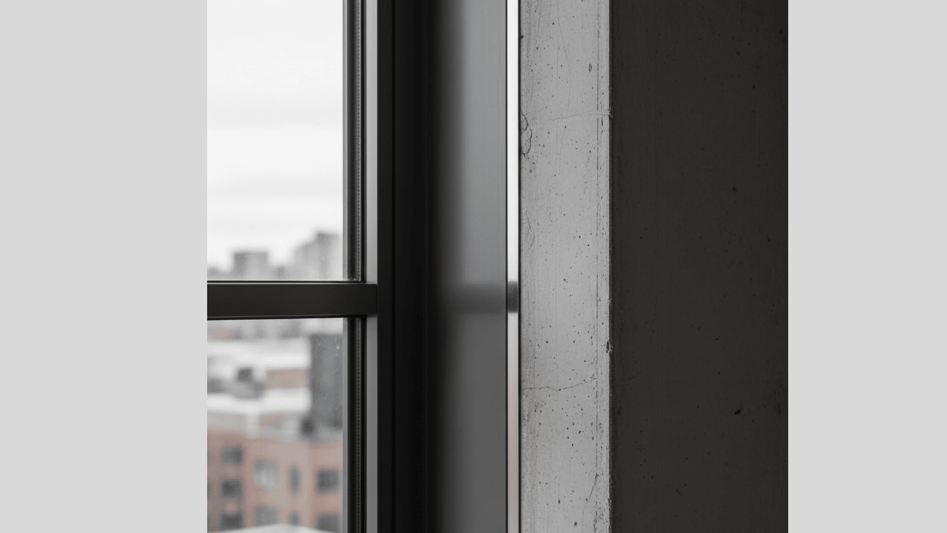 Slim black metal window trim beside exposed concrete wall in modern industrial interior design