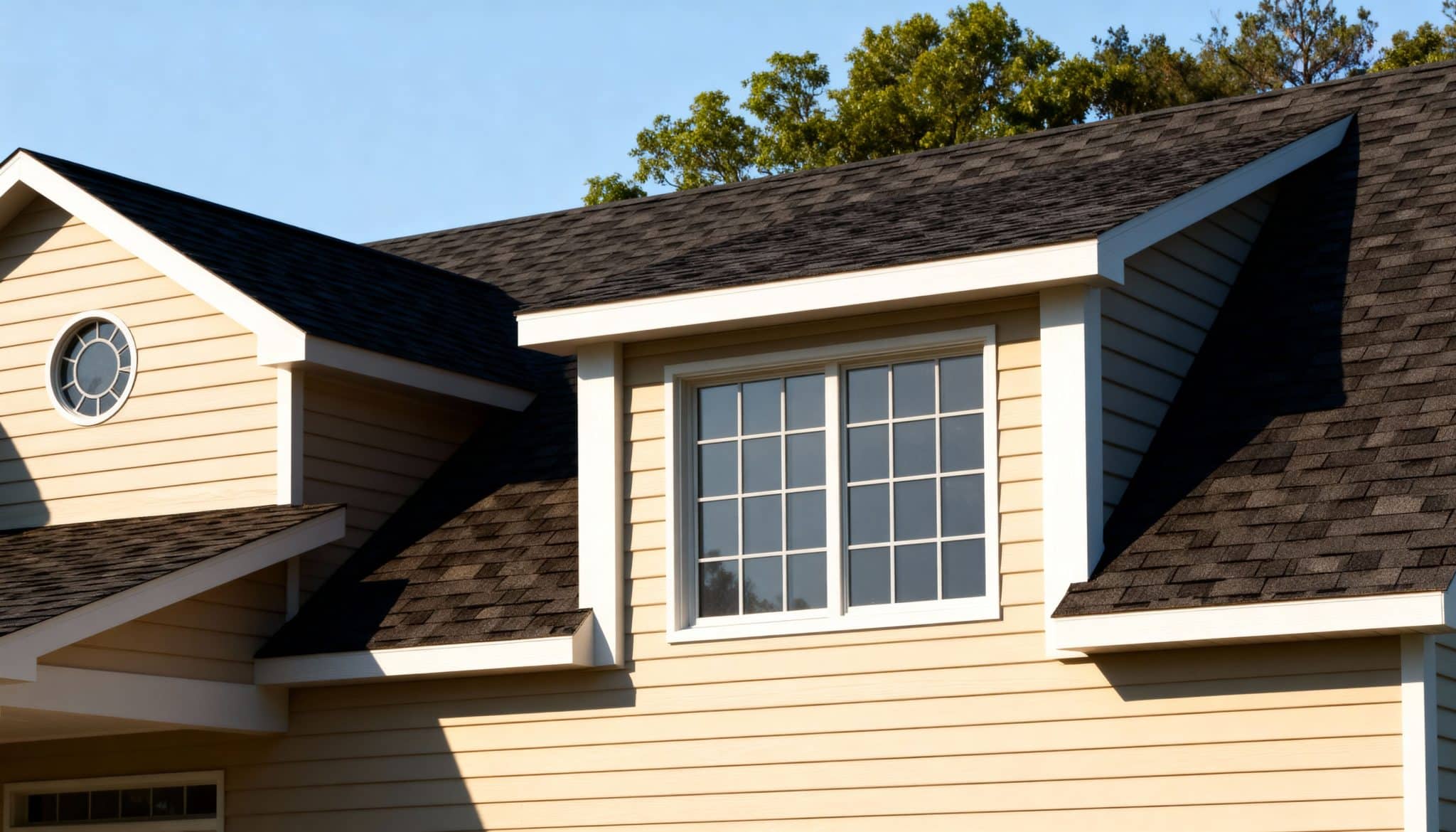 Shed dormer window with wide roof extension on a beige residential home roof