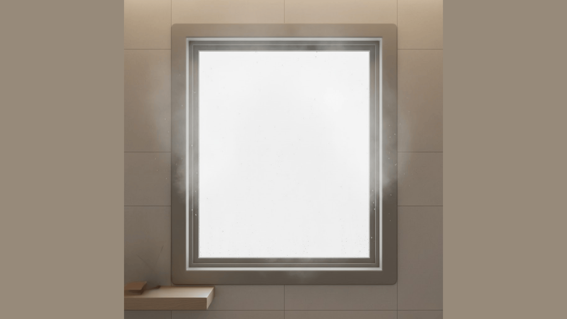 Frosted glass return window trim with soft modern frame in sleek neutral bathroom interior