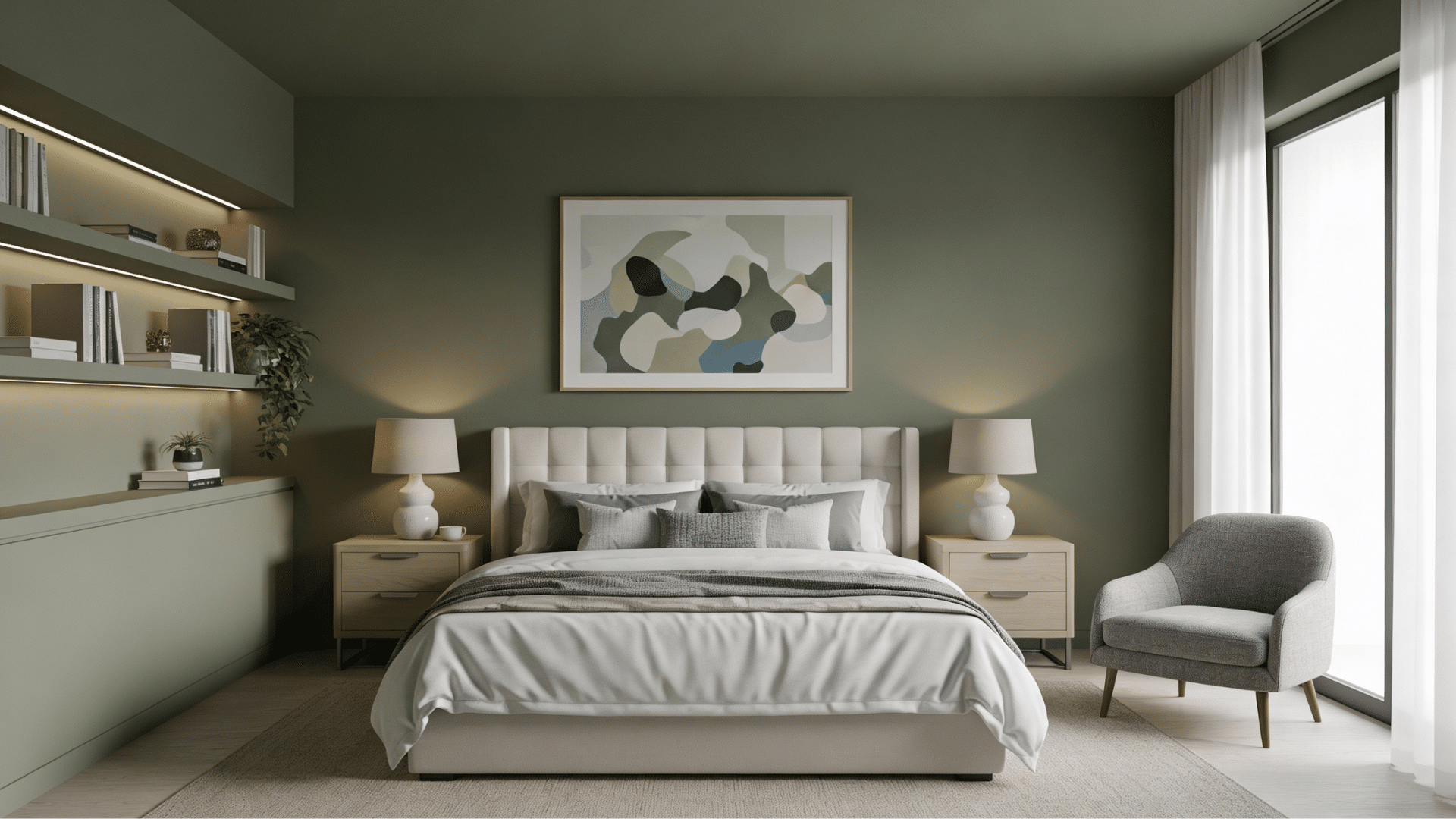 Creamy white bedroom with a large bed soft neutral bedding a wooden bench tall windows and a brass light fixture above