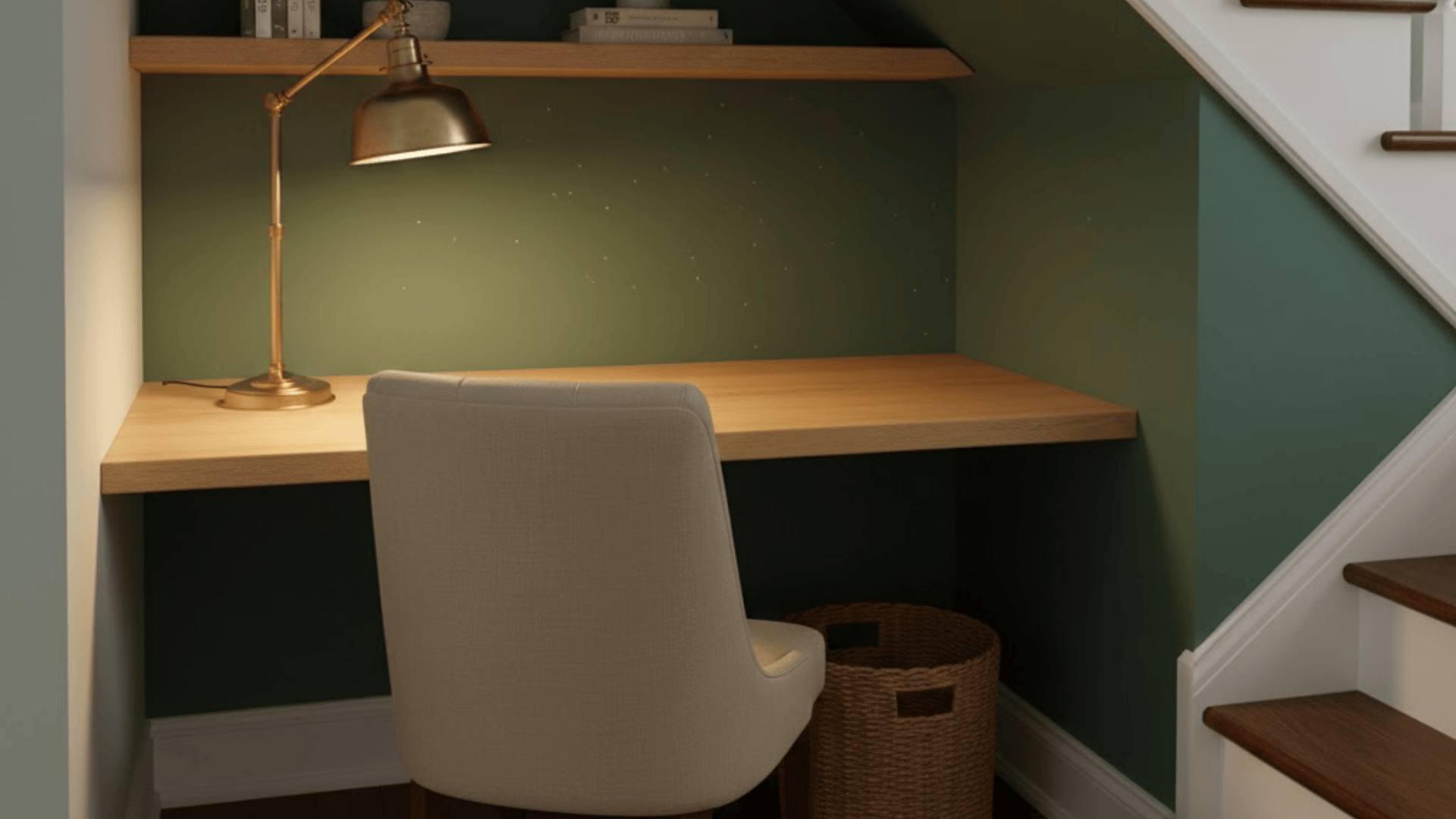 built in desk under stairs