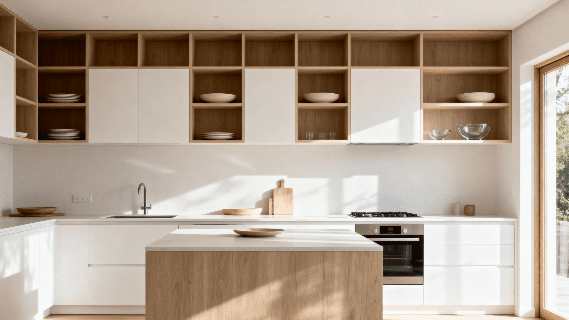 open shelving on top row