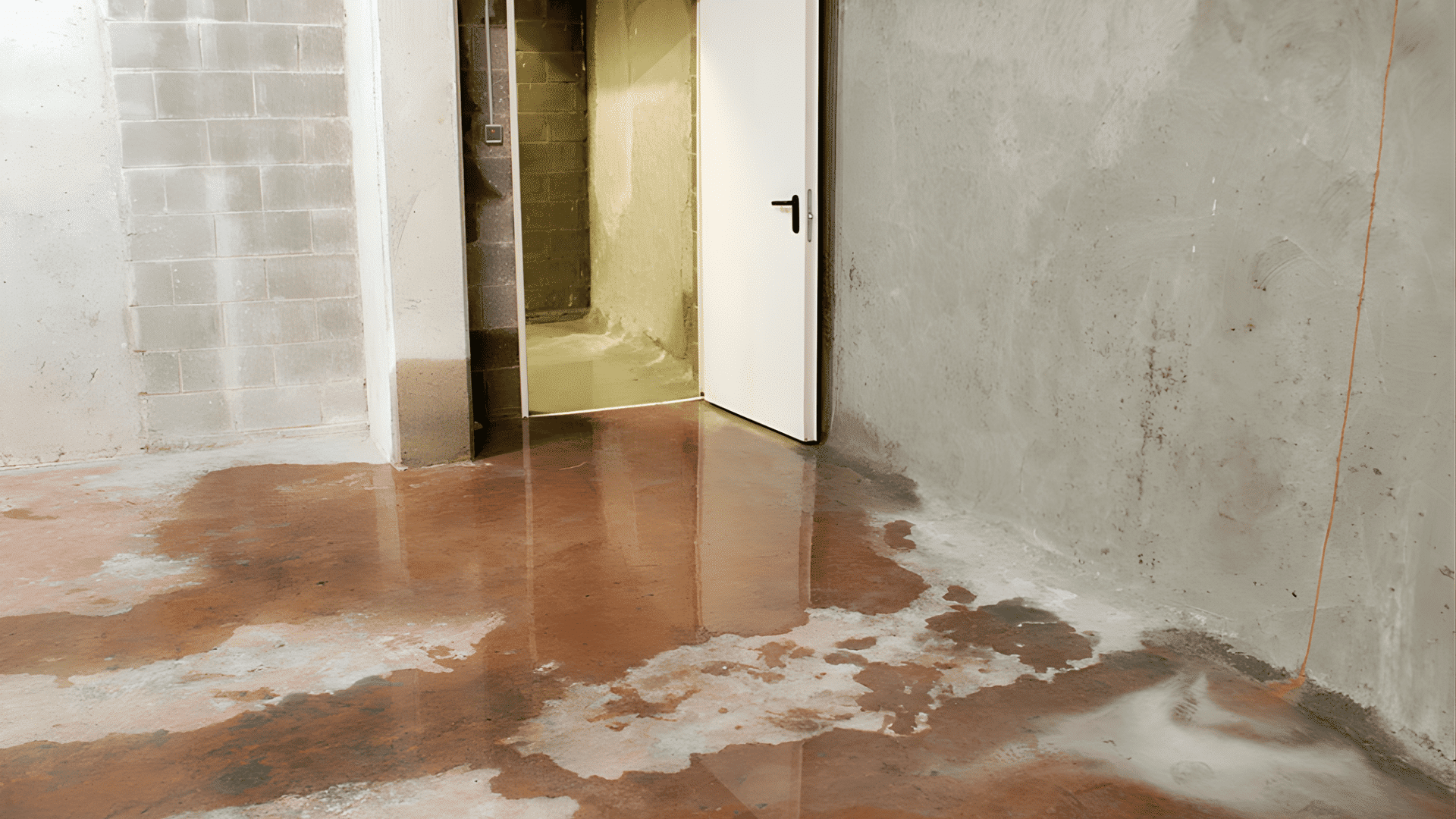 A basement space with a door and brown floor, illustrating waterproofing.