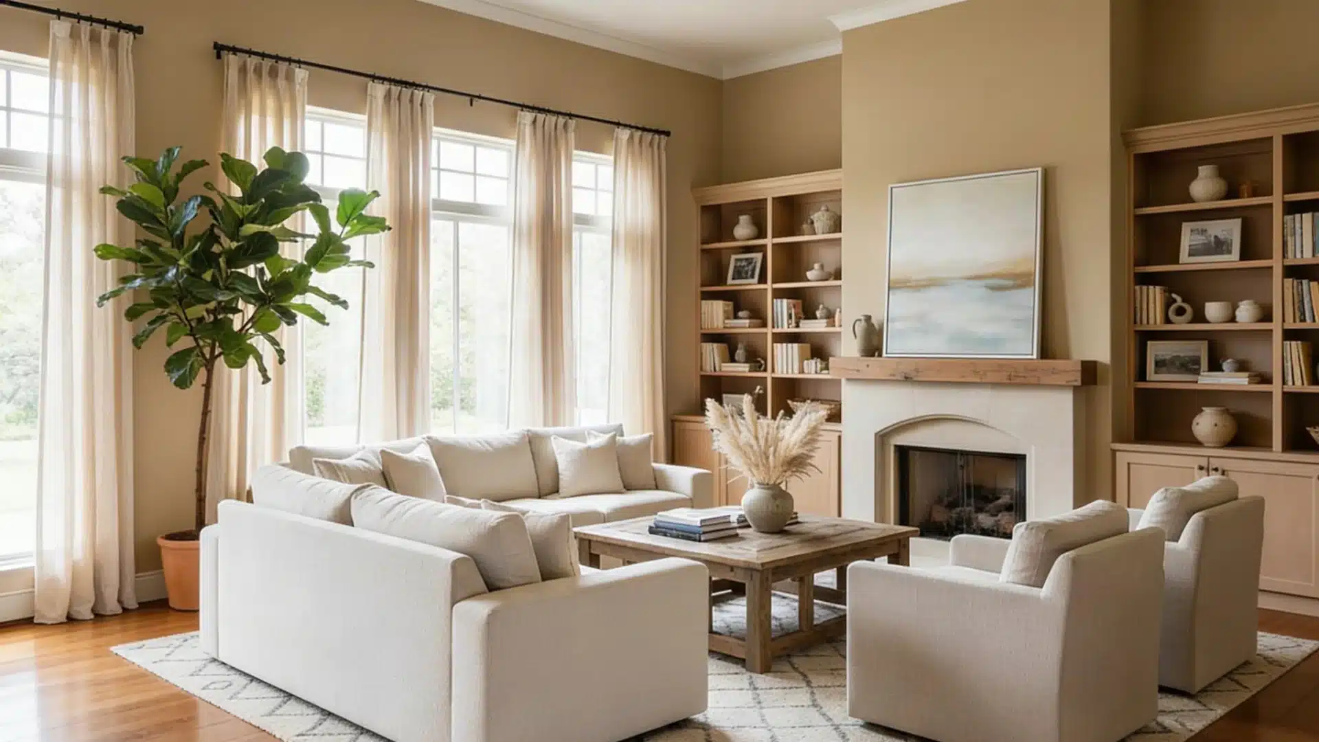 A bright, neutral living room with cream modular sofas, wooden coffee table, light wood bookshelves flanking a fireplace, and large windows with sheer curtains