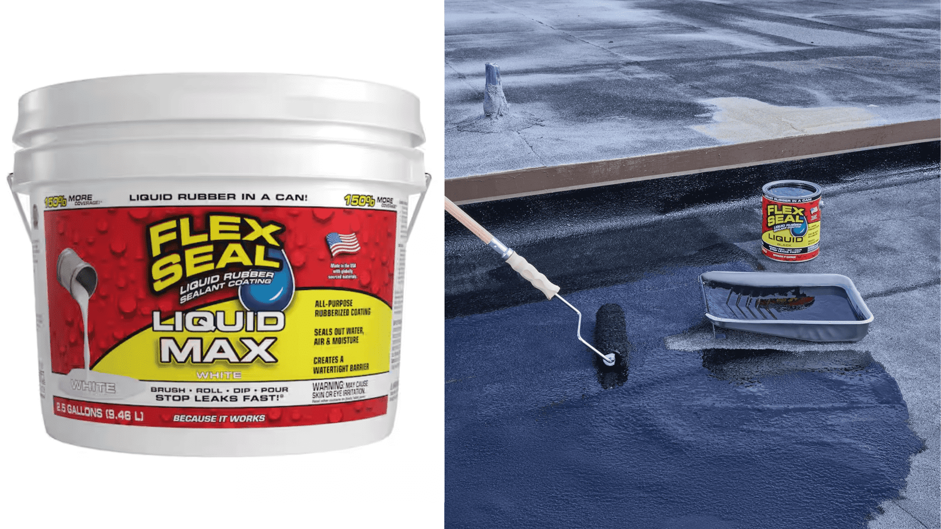 A container of Flex Seal Liquid Max, highlighting its use as a liquid rubber sealant for effective waterproofing and repairs.