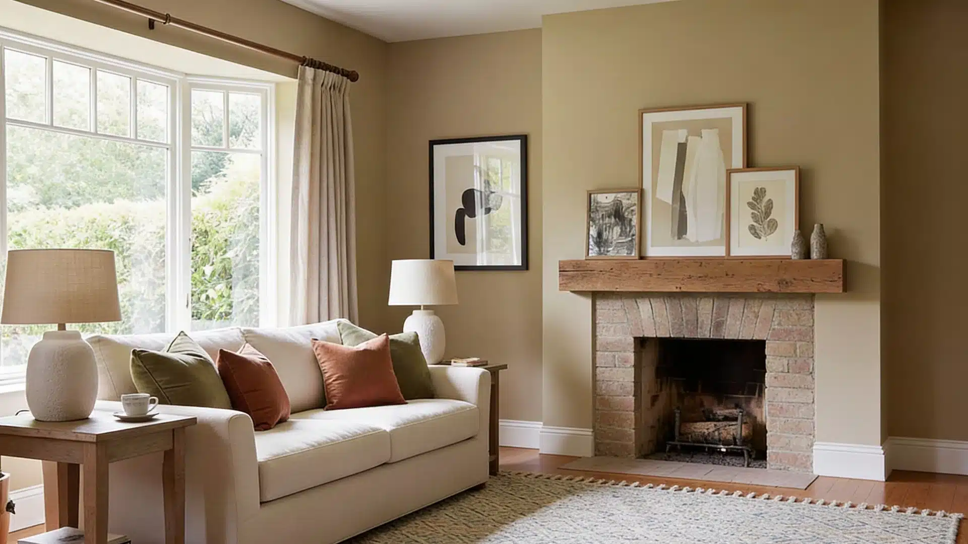 A cozy living room featuring a light beige sofa, neutral tan walls, a brick fireplace with a wooden mantel, and large bay windows overlooking greenery