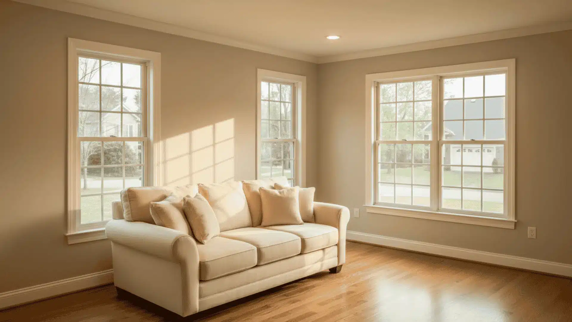 A living room featuring a couch and large windows, showcasing the color Edgecomb Gray, which may appear yellowish