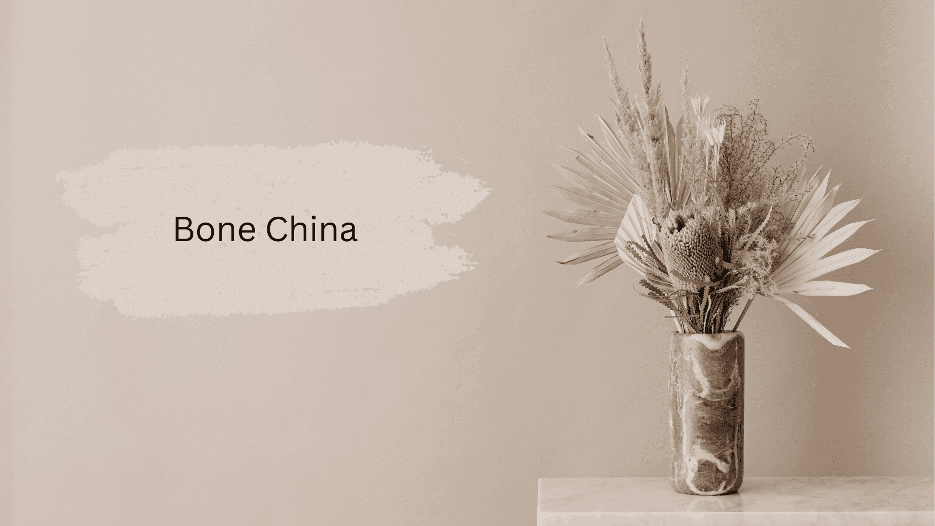 A marble vase with dried floral arrangement sits on a marble surface next to text that reads Bone China on a beige background