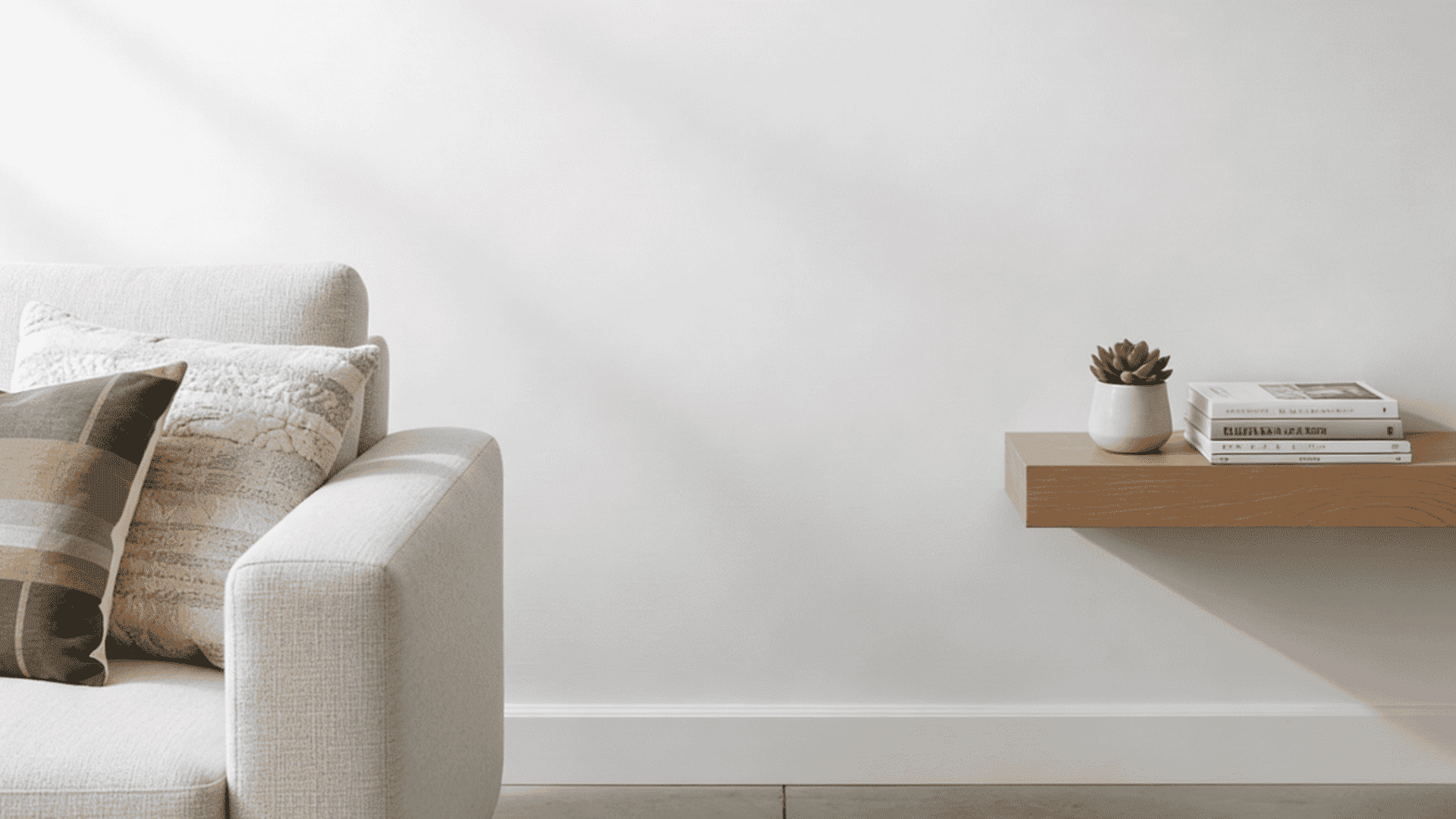 Beige sofa with patterned pillows beside a white wall with a floating wood shelf holding a succulent and books