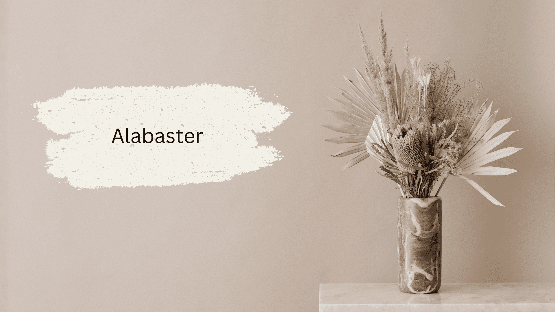 Beige wall paint sample of Alabaster next to a marble vase holding dried botanicals, including palm leaves and a banksia flower