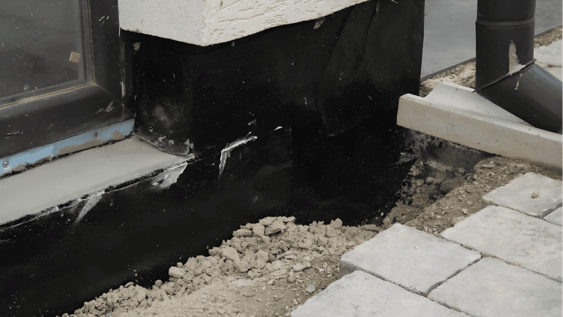 Black and white photo of a building's exterior highlighting waterproofing details