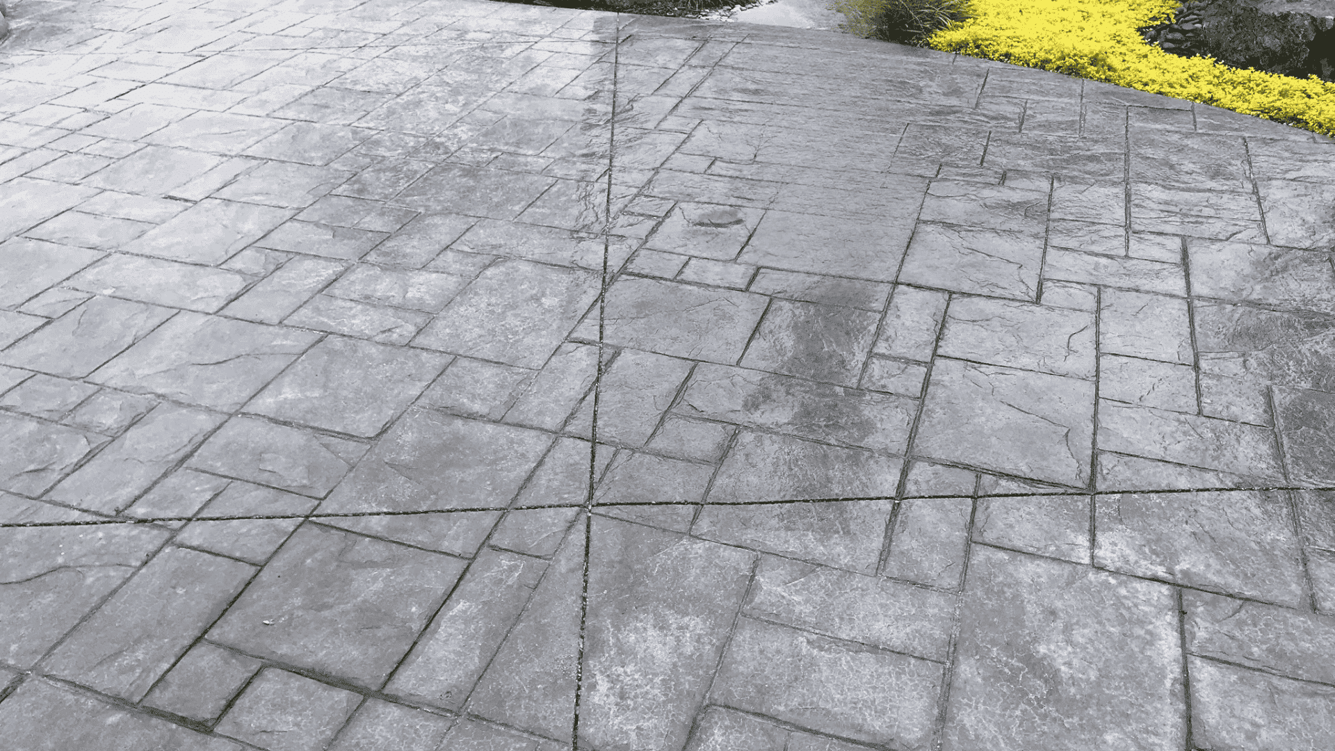 Black and white photo of a patio featuring a stone walkway illustrating the importance of proper concrete sealing timing.