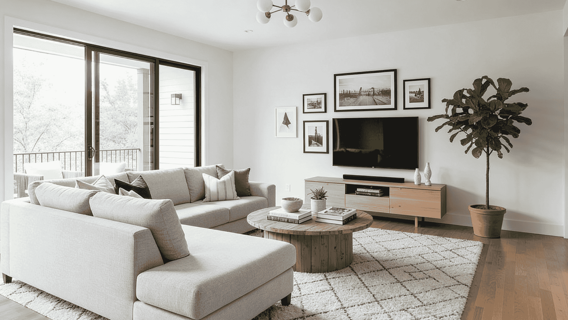 Bright, modern living room featuring a light gray sectional sofa, a round wooden coffee table, a wall-mounted television with framed artwork, and a large potted fiddle-leaf fig tree next to slidin
