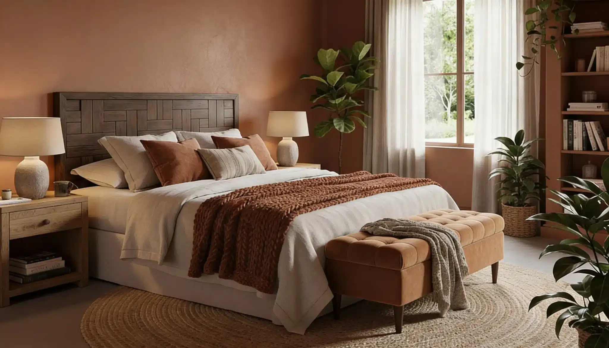 Cozy bedroom featuring a bed with rust-colored accents, wooden headboard, bedside lamps, and abundant natural light filtering through sheer curtains
