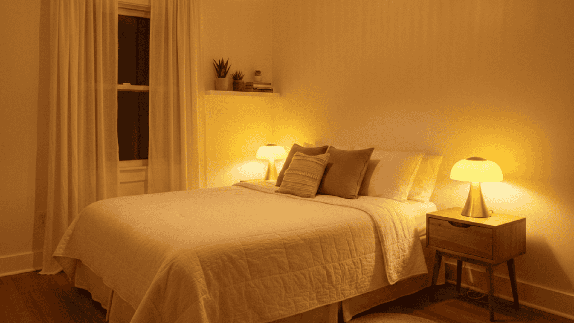 Cozy bedroom featuring a neatly made bed with tan bedding, flanked by two glowing mushroom-style table lamps on wooden nightstands