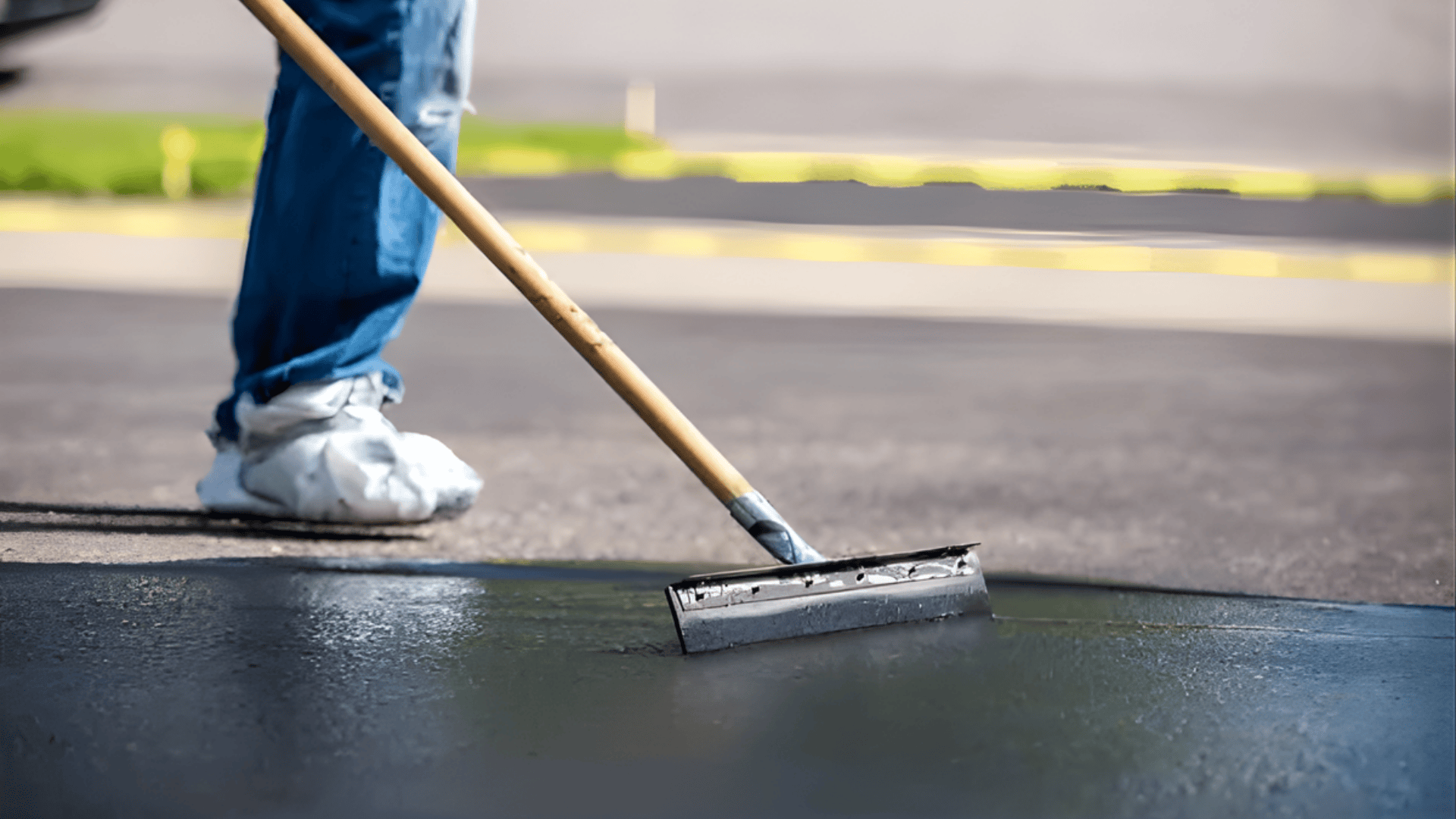 Individual using a broom to clean asphalt ensuring a clear surface before applying concrete sealant.