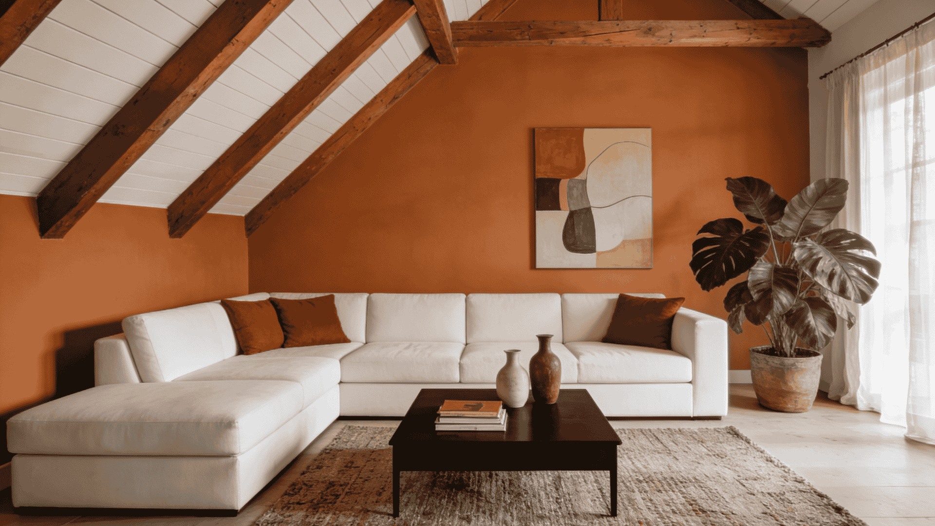 Modern living room with burnt orange walls, exposed wooden ceiling beams, a white sectional sofa, a black coffee table, and a large potted Monstera plant