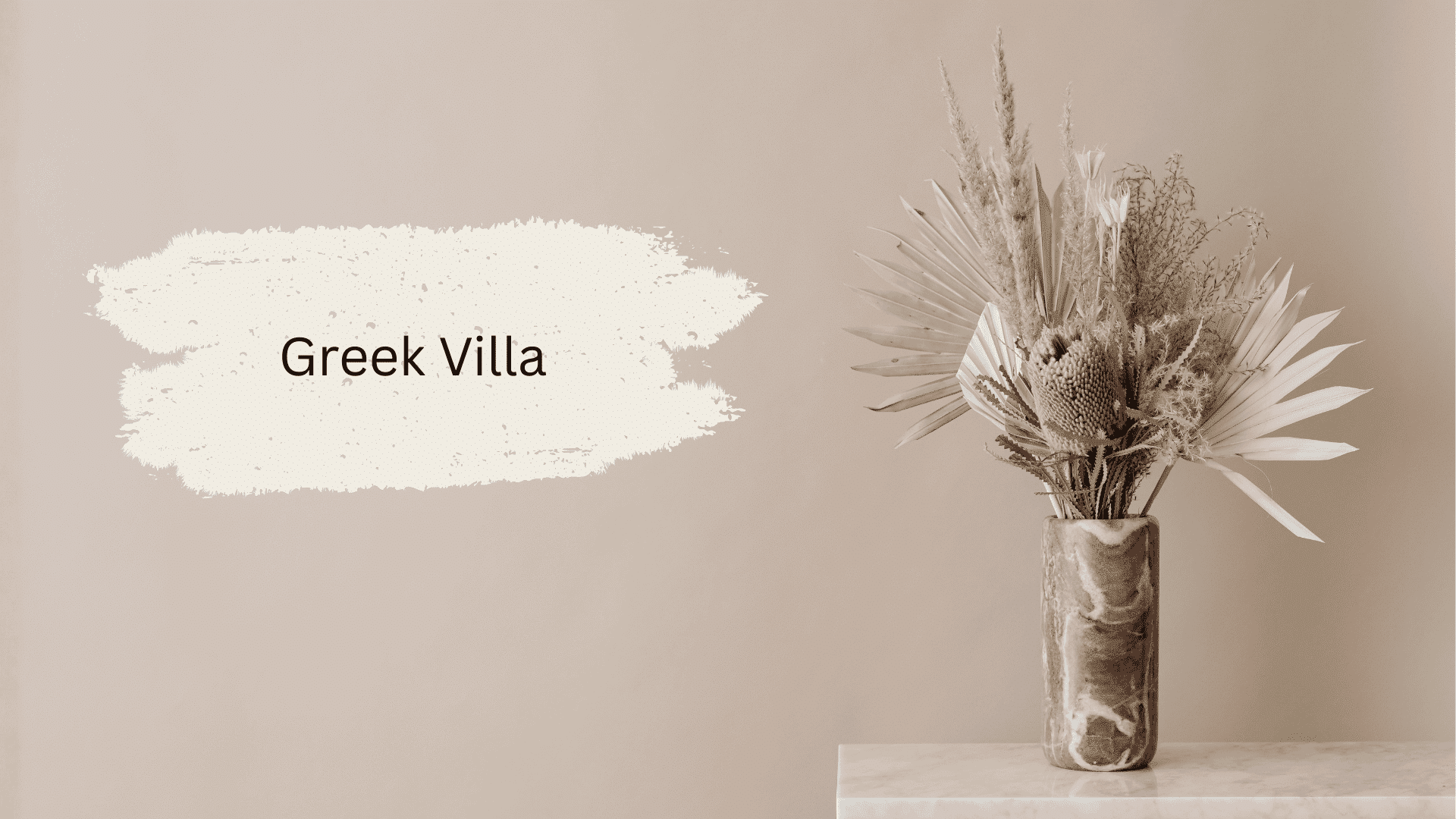 Paint swatch featuring the name Greek Villa on a beige wall next to a marbled vase holding dried floral arrangements