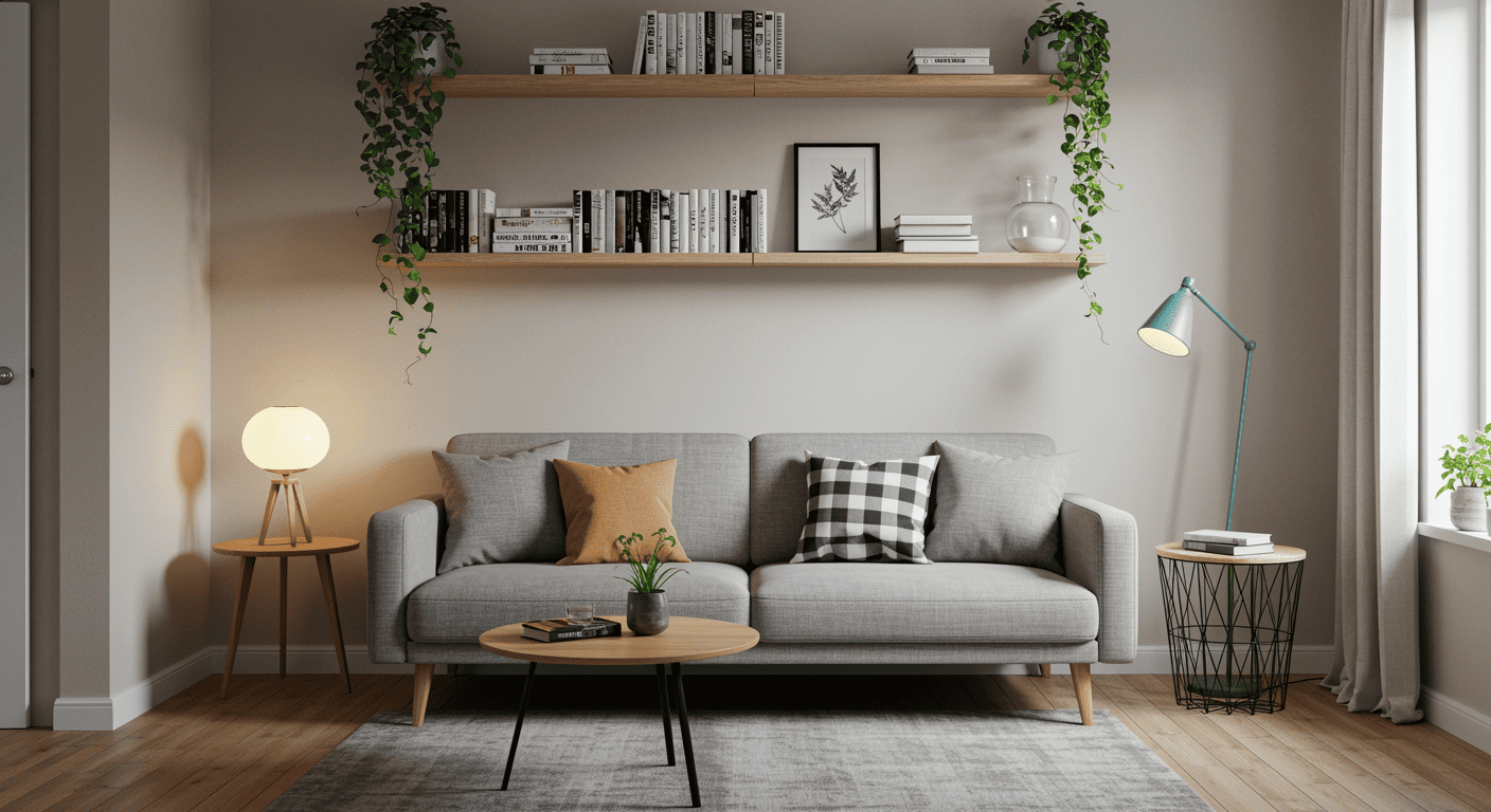add floating shelves above the sofa